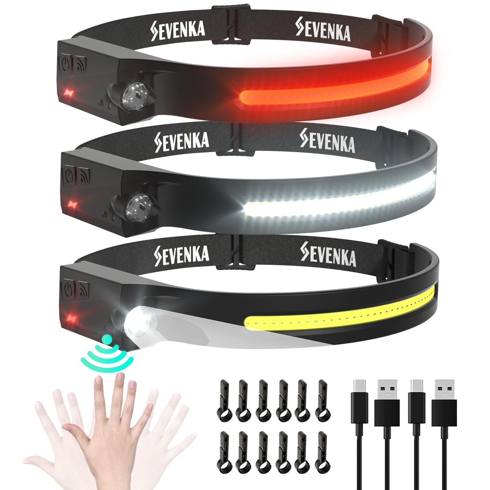SEVENKA Rechargeable Headlamps, 1000 Lumen, 230° Wide Beam, Lightweight, 3-Pack, Black, Model LX200