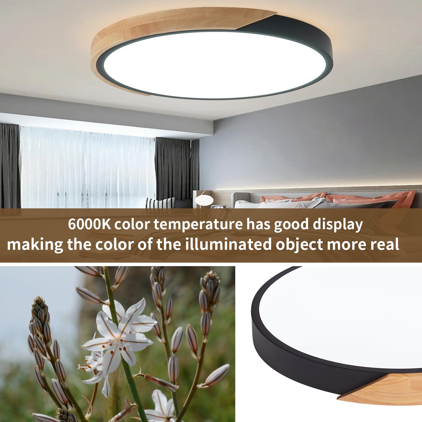 Lufun Led Ceiling Lights,12 Inch Black Modern Flush Mount Lighting Fixture,Round Shaped Wood Ceiling Lighting,30W,6500K Cool Whi