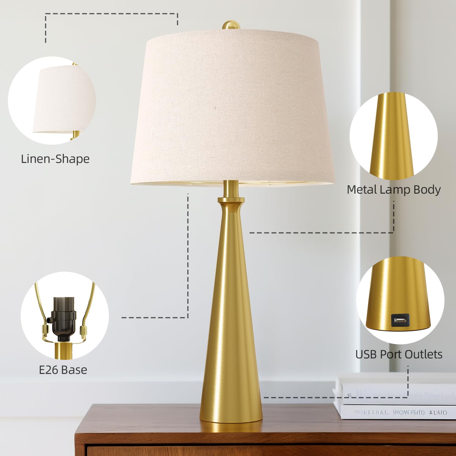 Oneach 25.75'' Modern Table Lamp Set Of 2, Bedside Lamps With Usb Ports, Brass Gold Nightstand Lamps Set For Living Room Bedroom