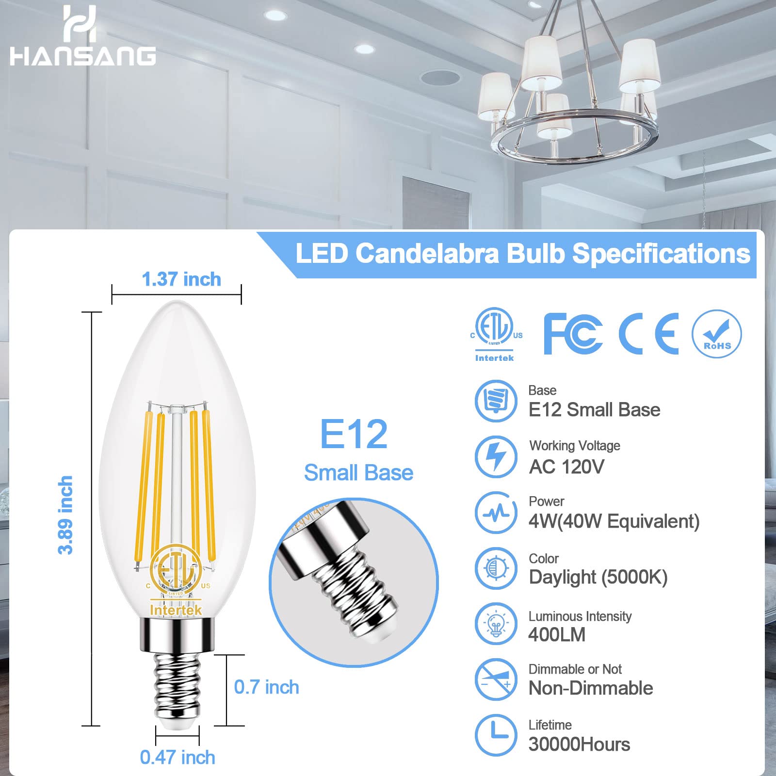 Hansang E12 Led Bulb 5000K Bright Daylight, 40W Equivalent Type B Bulbs With Small Candelabra Base, B11 Shape Chandelier Light B