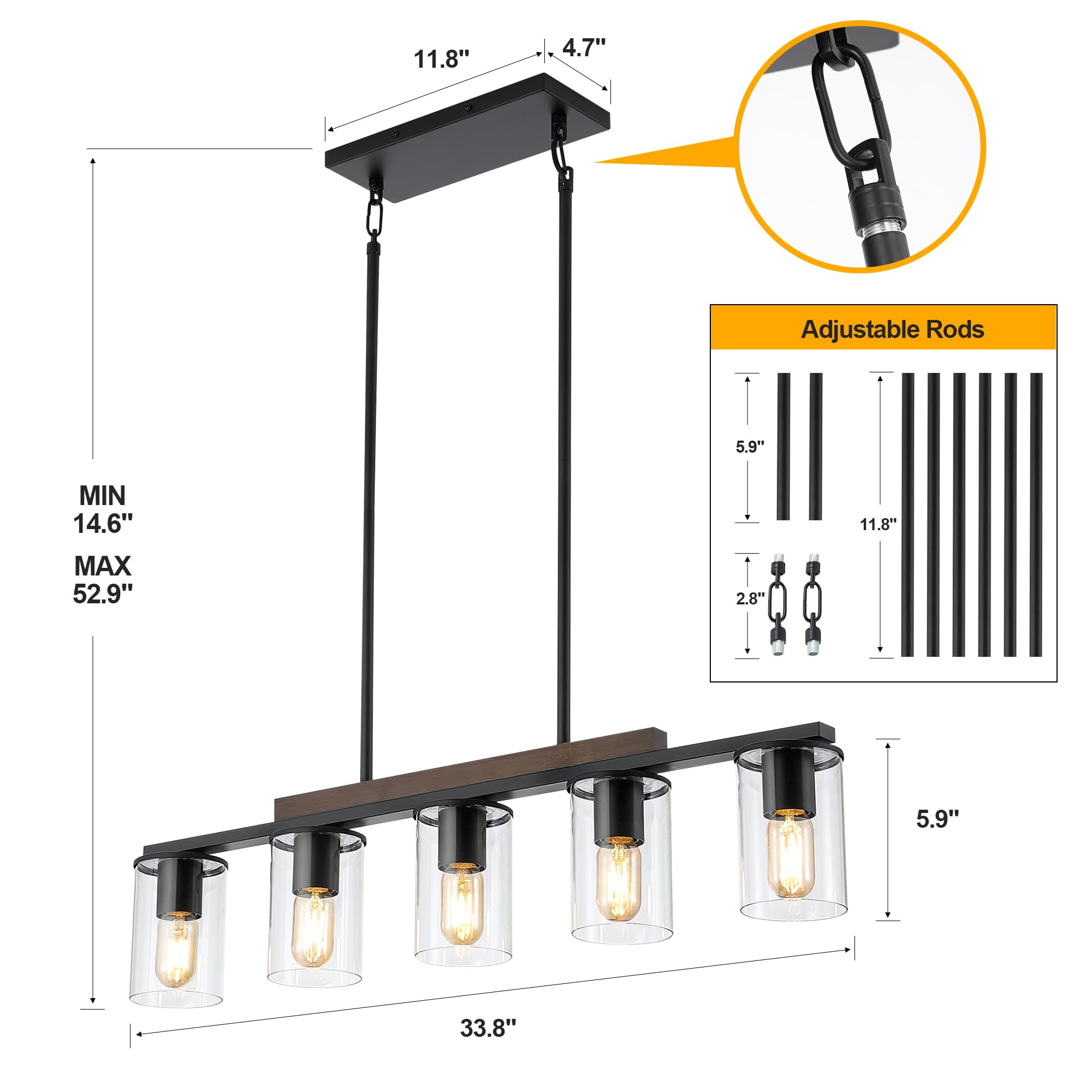 Mecgirn 5 Light Black Metal Linear Chandelier - Farmhouse Dining Room Pendant Light for Kitchen Island, Model D0016