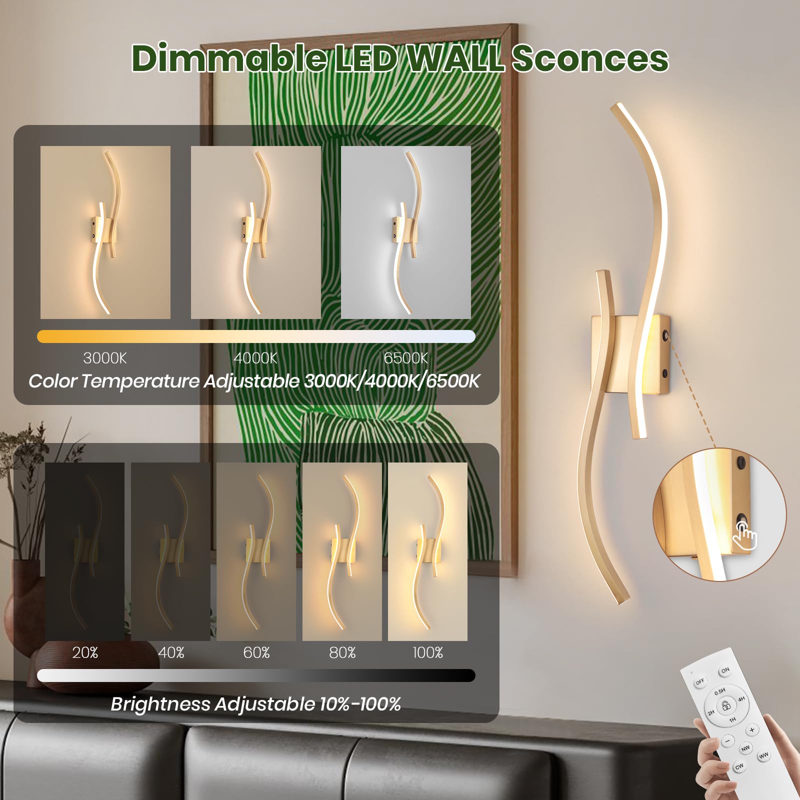 CANEOE Battery Operated Wall Sconces, 10000mAh USB Rechargeable, 3000K-6000K LED, Gold, 31.5inch, Model WL-