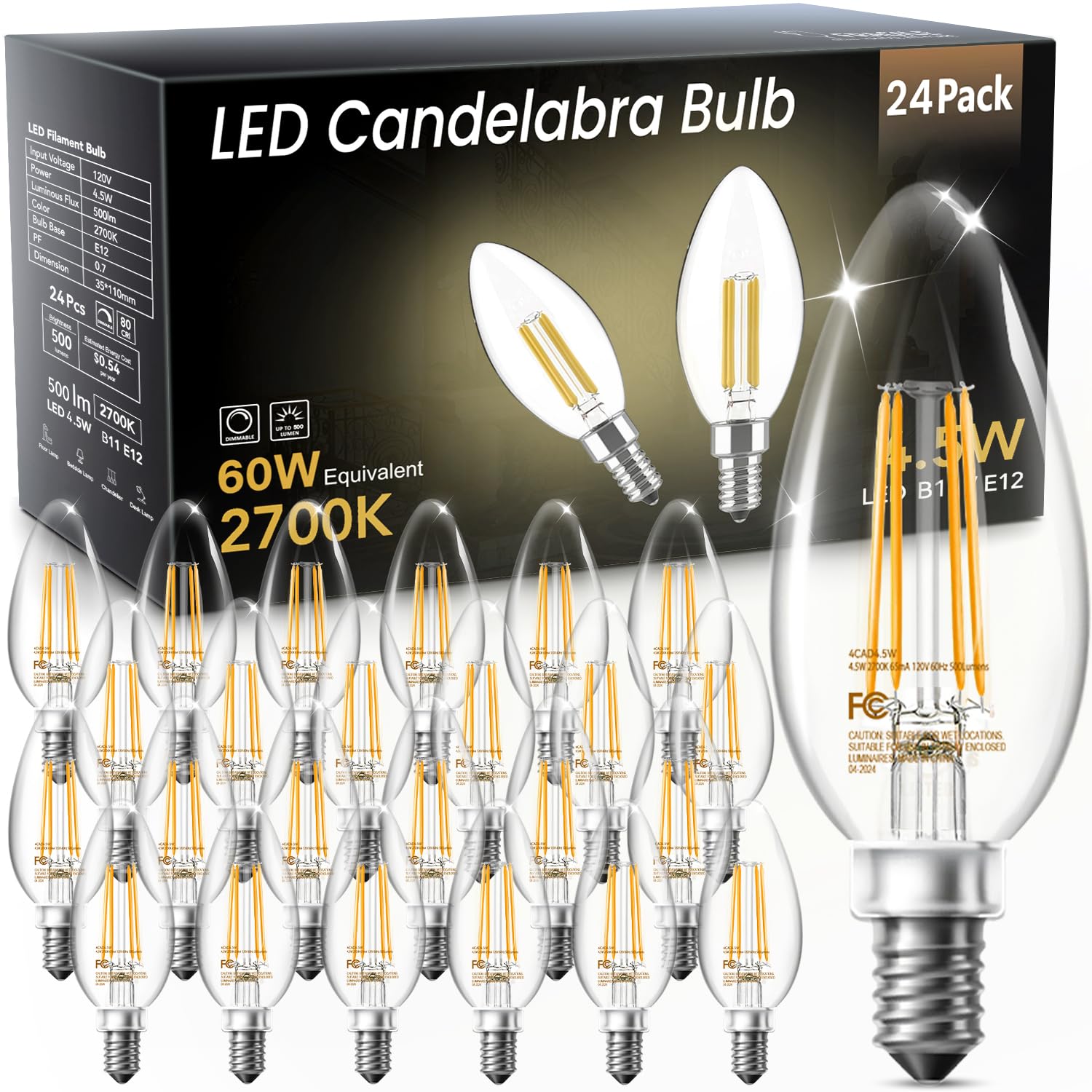 Volivo 24 Pack Chandelier Led Bulbs,B11 Candelabra 4.5W, 60 Watt Equivalent, 2700K Clear Glass Filament, E12 Standard Base,Soft 