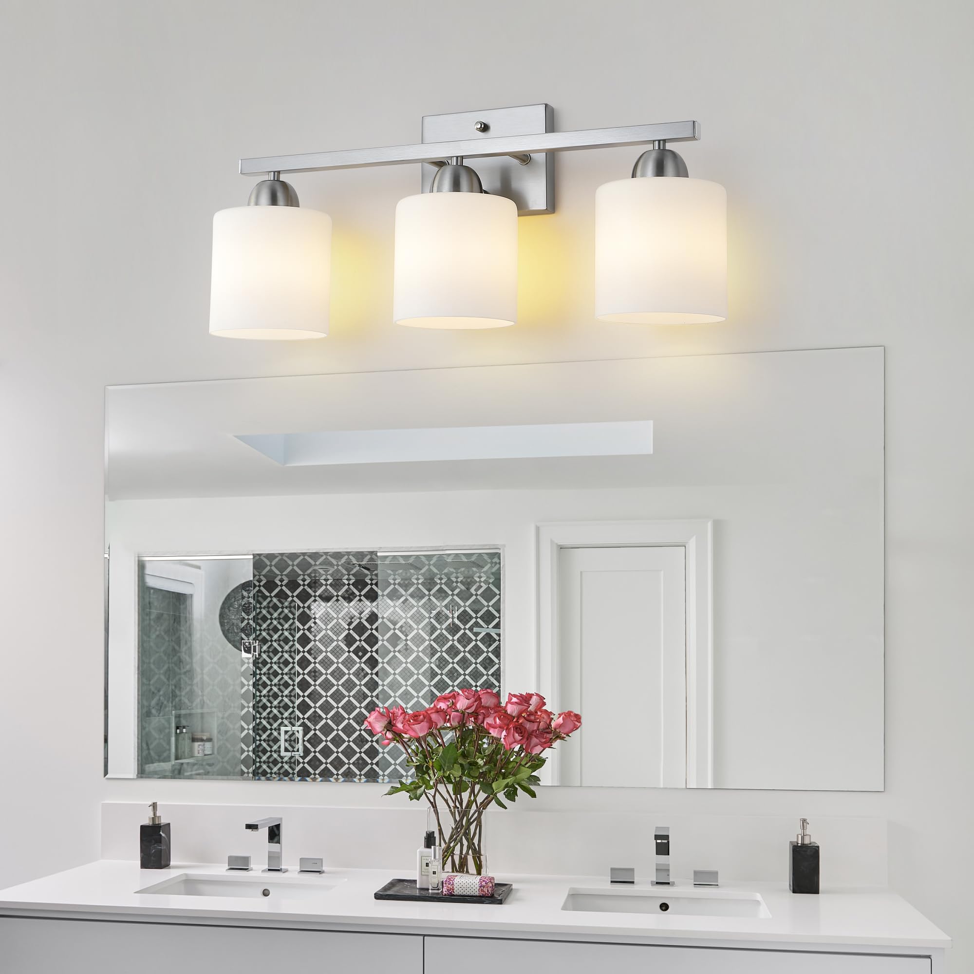 Mecgirn Stainless Steel Milk Glass Bathroom Vanity Light Over Mirror, 3 Light Brushed Nickel Bathroom Light Fixtures With Froste