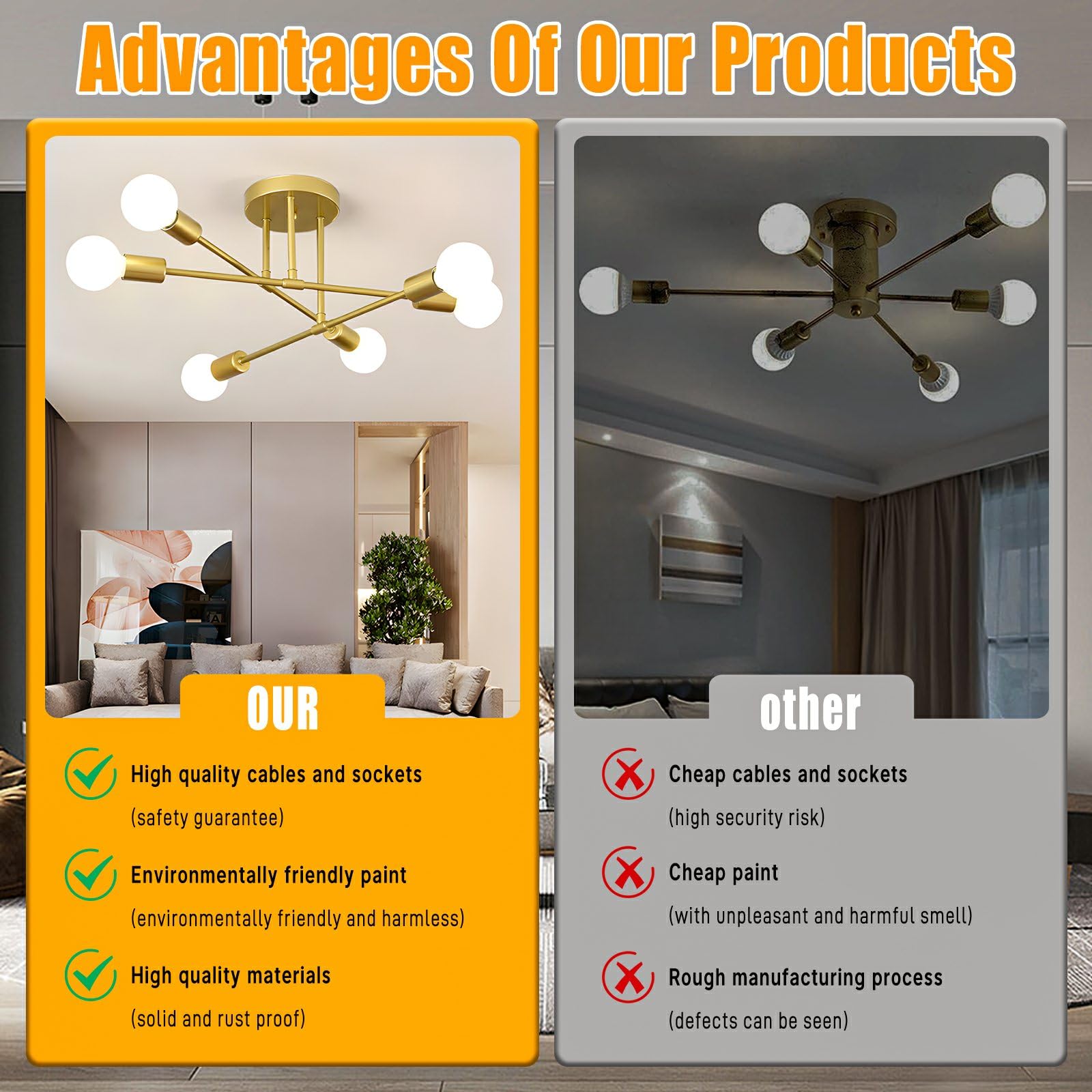Spoli Modern Sputnik Chandelier, 6-Light Ceiling Light Fixture, Gold Industrial Pendant Light Semi Flush Mount For Living Room D