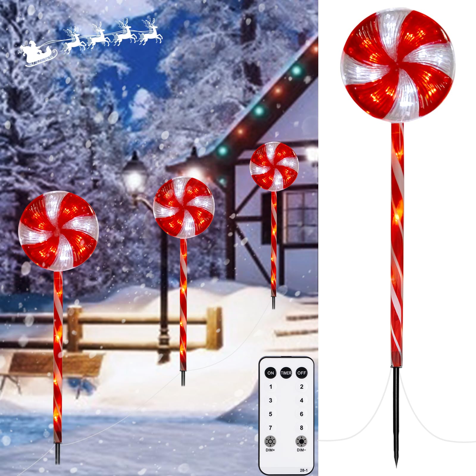 Lollipop Christmas Pathway Lights Outdoor - 3 Pack 29 inches 60 LED Lighted Candy Cane Decorations with 8 Lighting Modes Waterpr