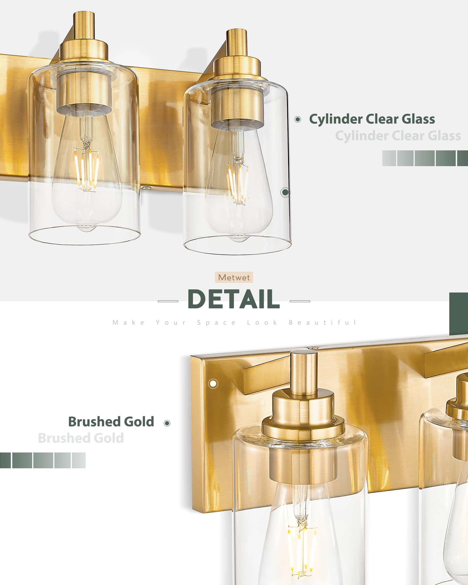 Metwet 3-Light Brushed Gold Bathroom Light Fixture, Modern Metal Vanity Lighting With Clear Glass Shade, Model Vl143-Bg-3