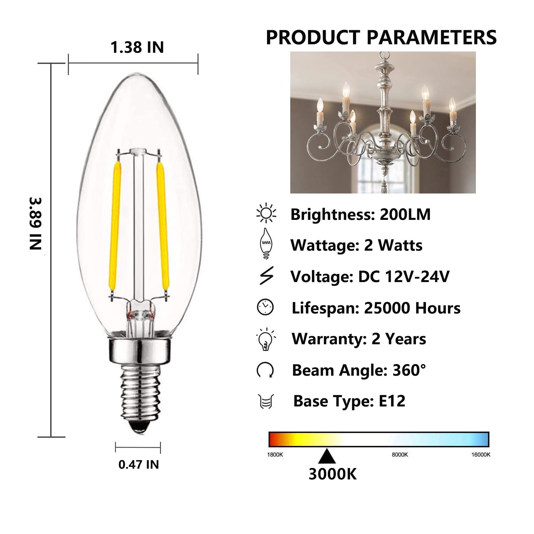 SHUWDKAR 12V Candelabra LED Bulb, 3000K Warm White, 25W Equivalent, 6 Pack, Glass, Low Voltage for RV Lighting