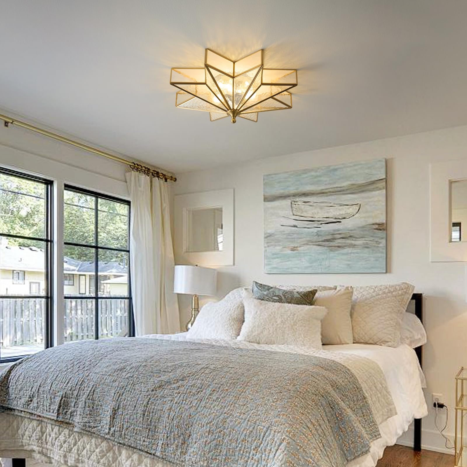 Brass Star Flush Ceiling Light - 19.5 Inch Gold Hammered Glass Large Mount Fixture - Art Deco Mid Century Vintage Modern Moravian Lighting Lights For Bedroom Dining Entryway Foyer Living Room Fixtures