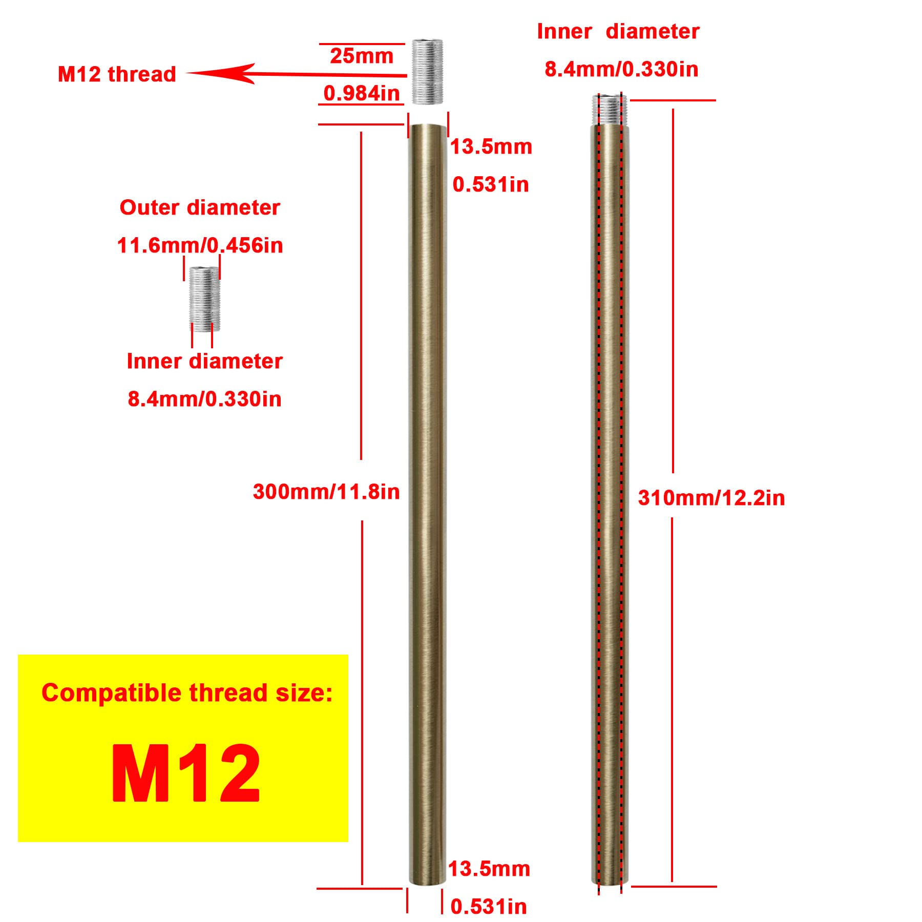 HALIGATE 12-Inch Polished Brass M12 Threaded Extension Rod for Pendant Lights, Chandeliers, and Island Lighting