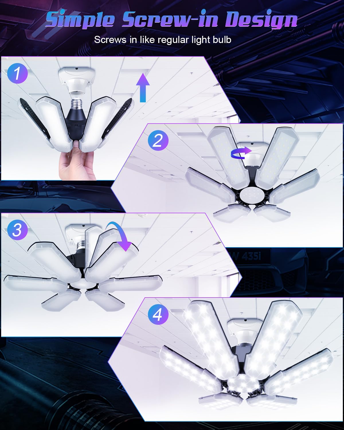 Kpbotl 150W Led Garage Lights 2-Pack, 6+1 Adjustable Panels, 15000Lm Daylight Ceiling