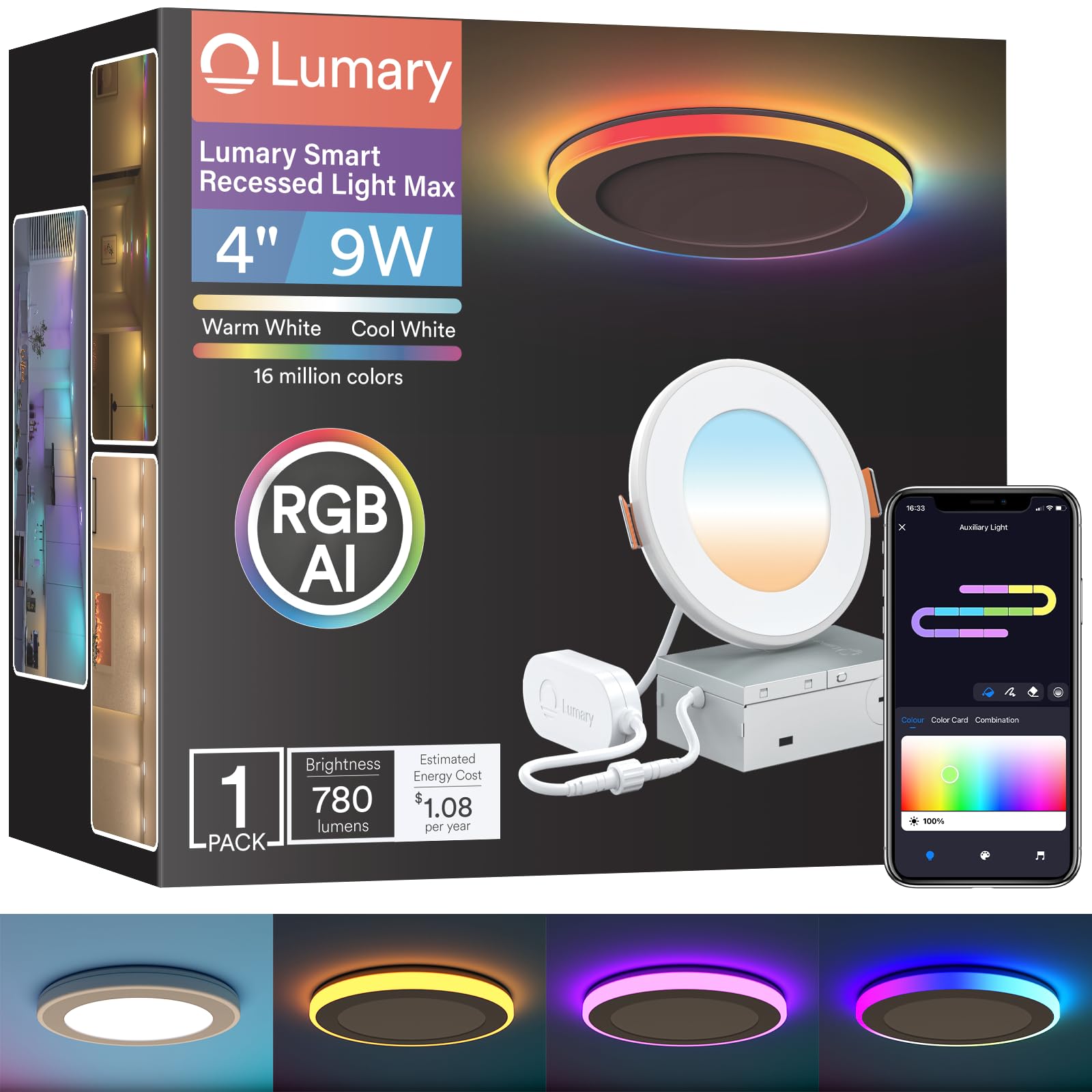 Lumary Rgbai Smart Recessed Lighting 4 Inch With Gradient Accent And Night Ring  9W 780Lm Wifi Canless Wafer Downlight With Junction Box  Led Downlight Work With Alexa/Google Assistant/Siri  1Pcs