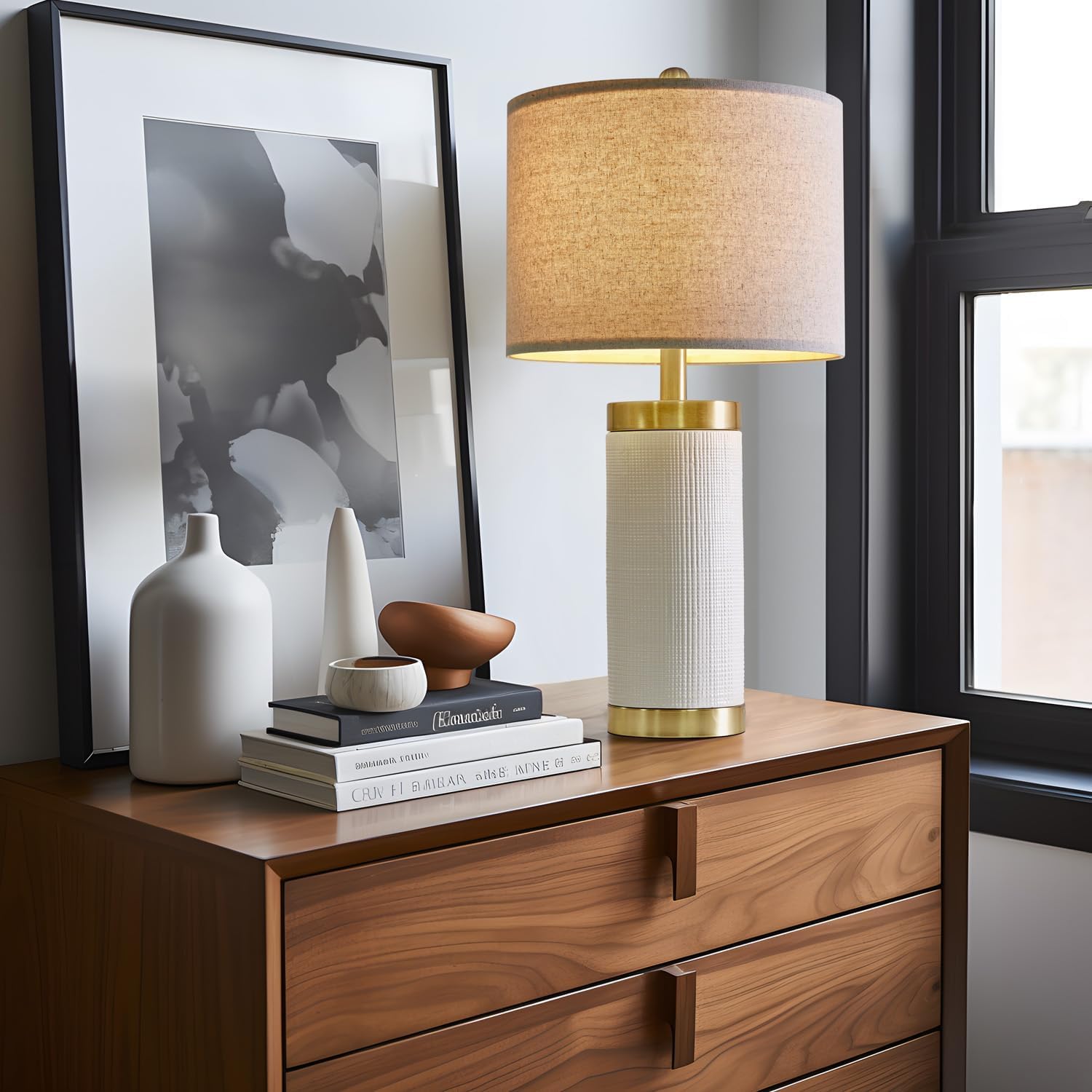 Usumkky 24.5" Modern Ceramic White Single Bedside Lamp For Bedroom Decor Farmhouse Table Lamp For Living Room Office Dorm