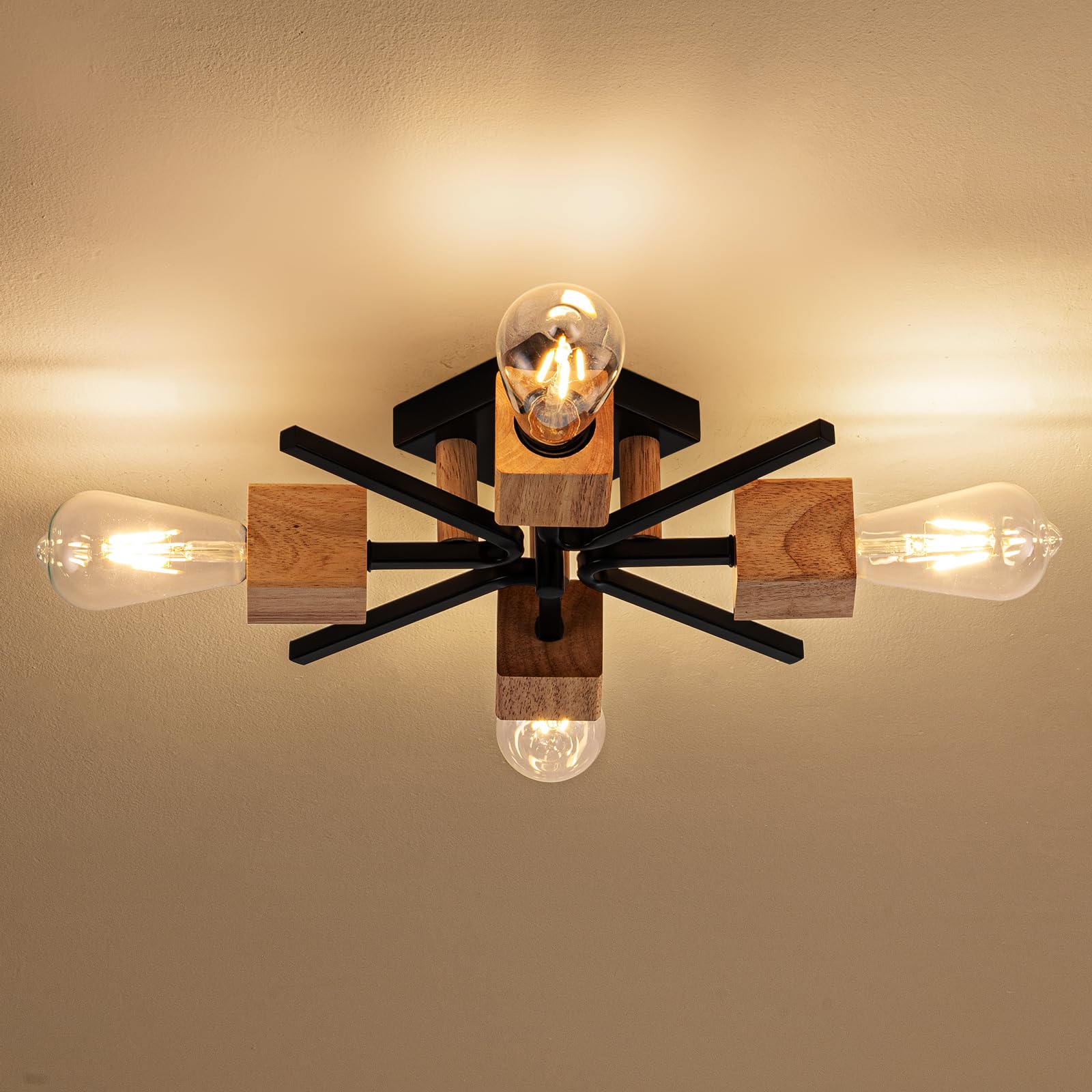 fengkeDU 4 Light Sputnik Light Fixture Black Flush Mount Lights Industrial Ceiling Light Wood 22 Modern Farmhouse Ceiling Lights