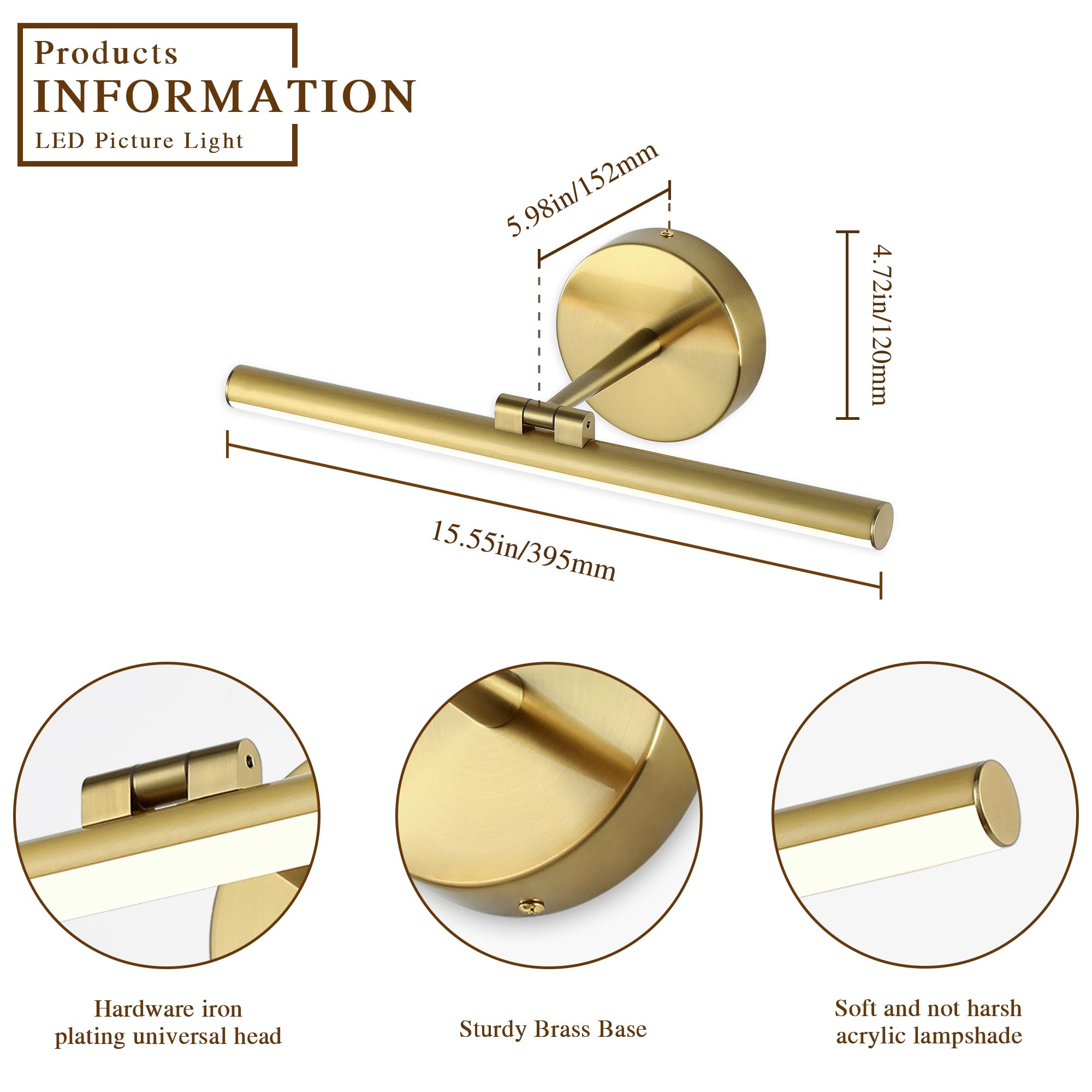 Pasoar Hardwired Adjustable Lighting Gold Modern Led Picture Lights For Paintings 15.7'' Inch Long Swing Arm Metal Art Lights Warm White 3000K
