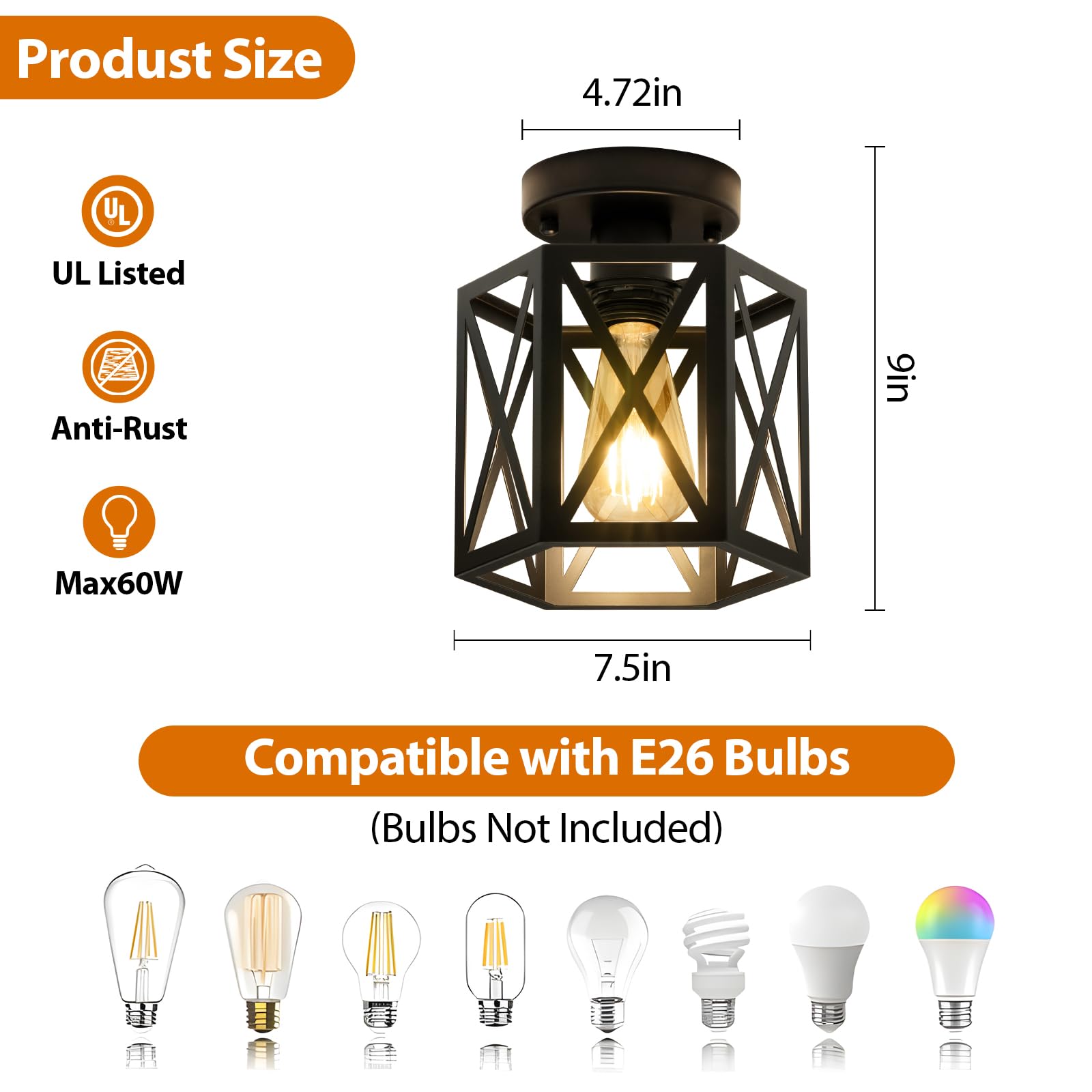 Oteedo Modern Semi Flush Mount Ceiling Light 1-Light Hexagon Flush Mount Ceiling Lights For Dining Room Light Fixture Farmhouse Black Metal Kitchen Island Lighting Fixtures For Hallway Bathroom