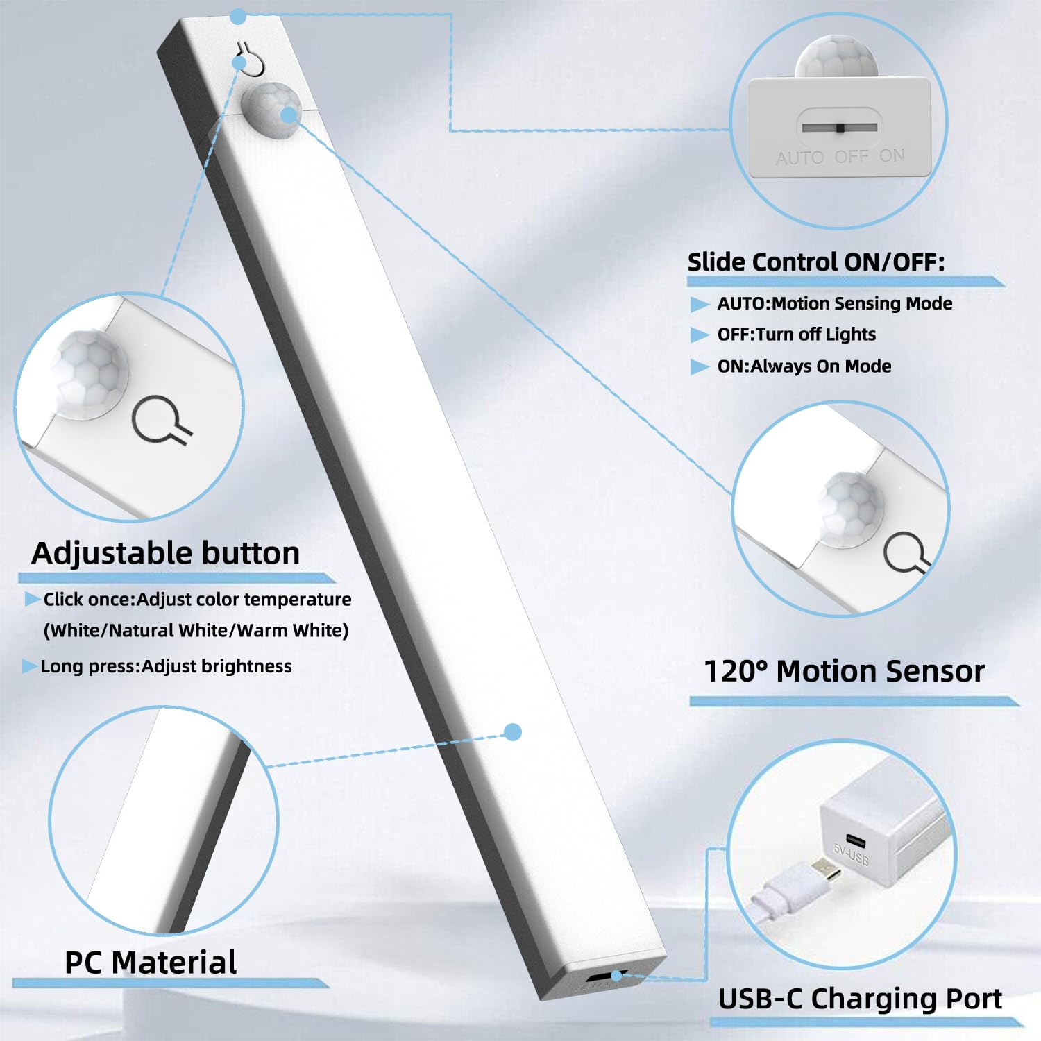 Rihvy Under Cabinet Lighting - 4" Rechargeable Motion Sensor LED Lights, 3 Color Dimmable, 12 Pack, Battery Operated, White