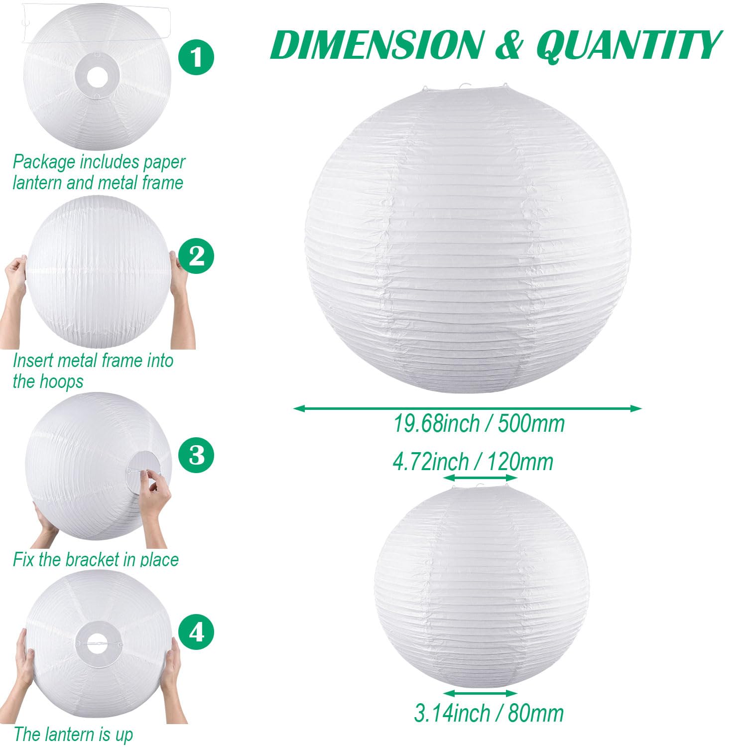 2 Pack White Round Paper Lanterns, 19.68'' Large Hanging Paper Lantern Lamp, Chinese/Japanese Paper Pendant Lampshade For Party