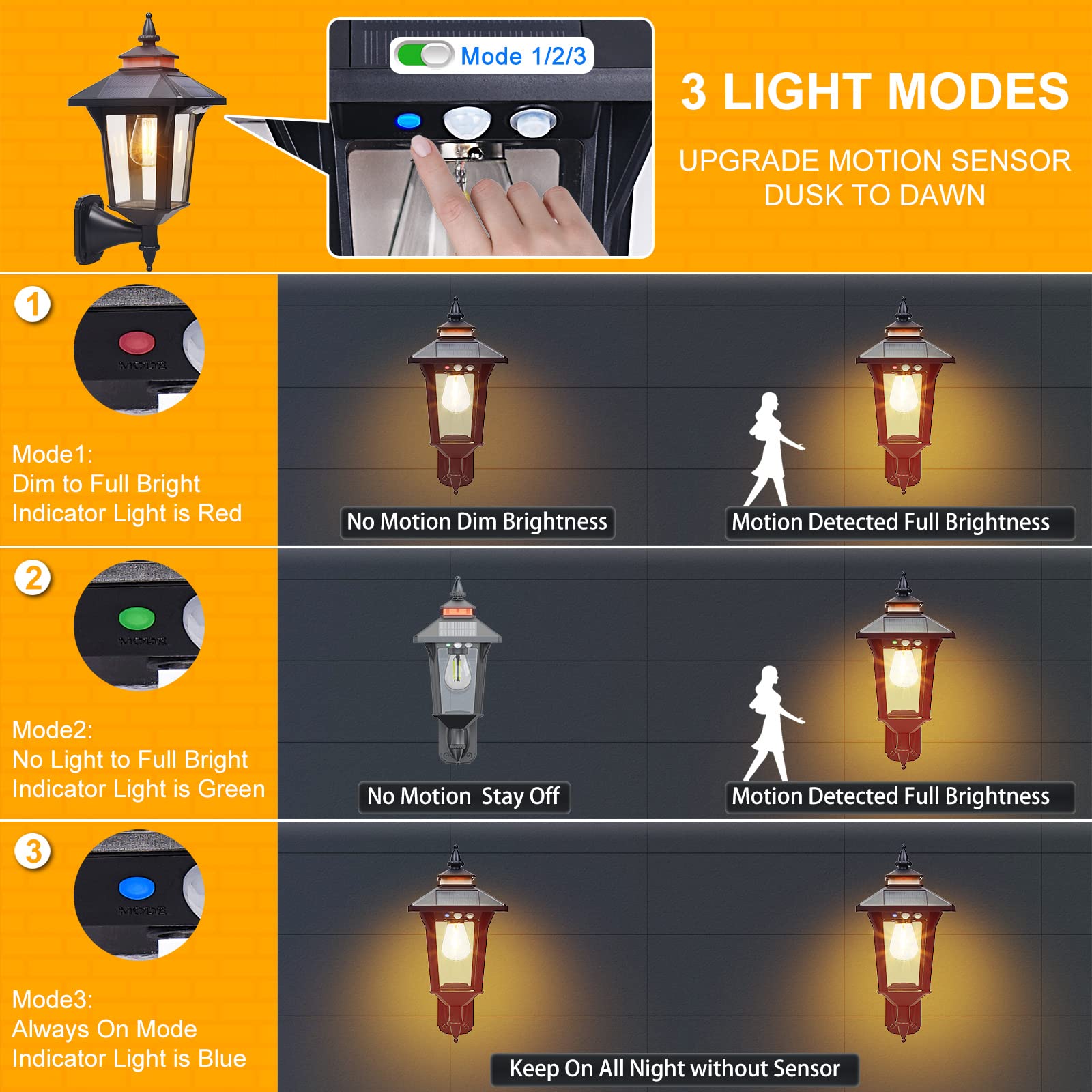 Solar Powered Wall Lantern Lights Outdoor With 3 Modes, Motion Sensor Solar Wall Light Waterproof, Dusk To Dawn Led Exterior Front Porch Lights Fixtures Wall Mount For Garage House Patio Doorway Yard