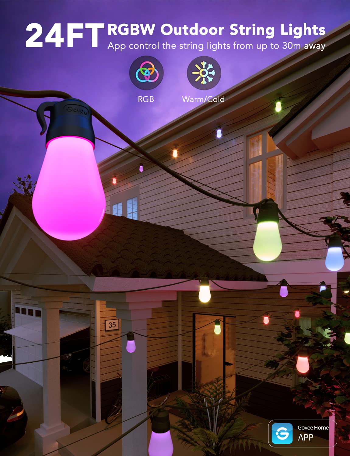 Govee Smart Outdoor String Lights H7029, 24ft RGBIC, IP65 Waterproof, Multicolor with 47 Scene Modes, Dimmable LED Bulbs