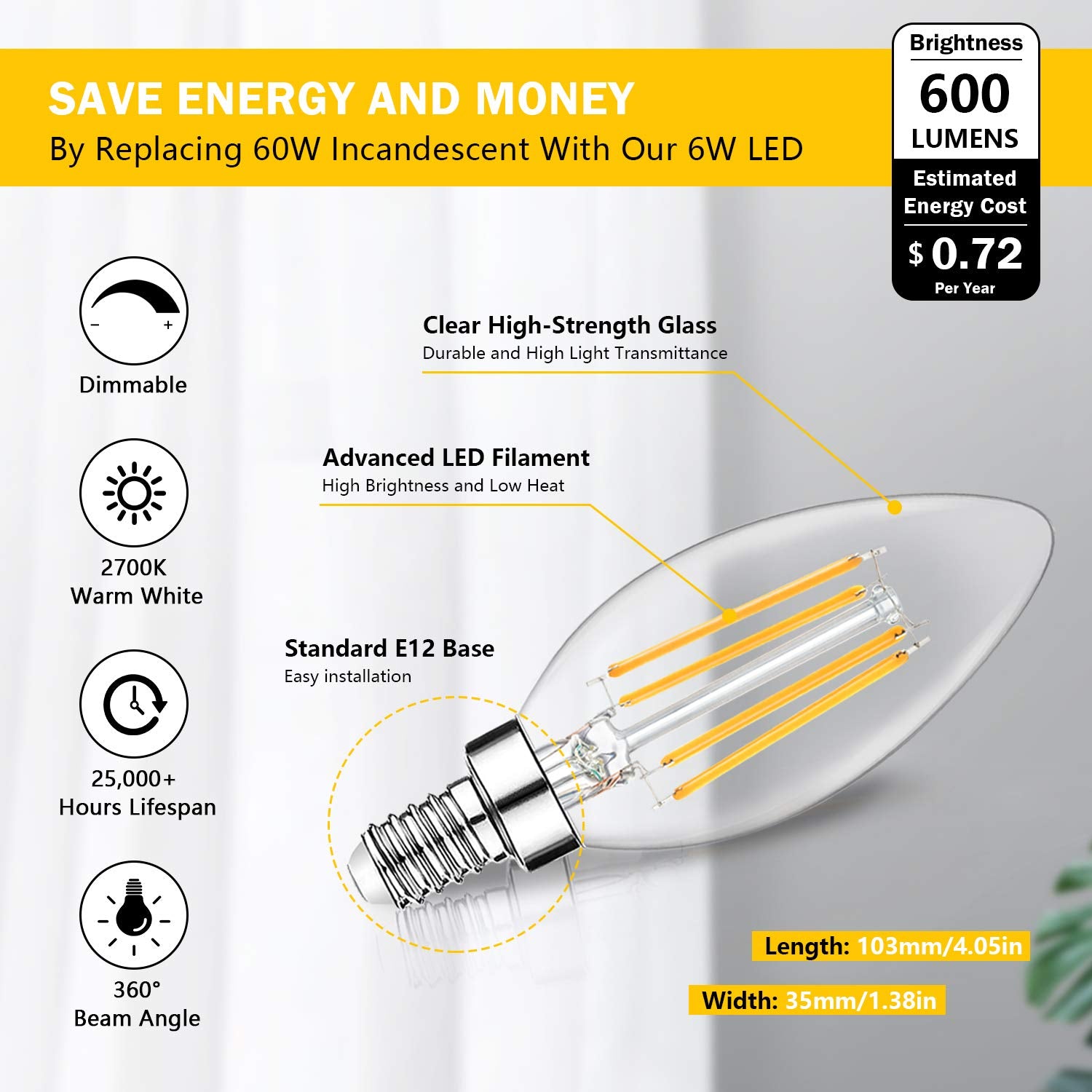 12-Pack Dimmable E12 Led Candelabra Bulbs 60W Equivalent, 2700K Soft Warm White, 600 Lumens B11 Candle Base 6W C35 Led Filament