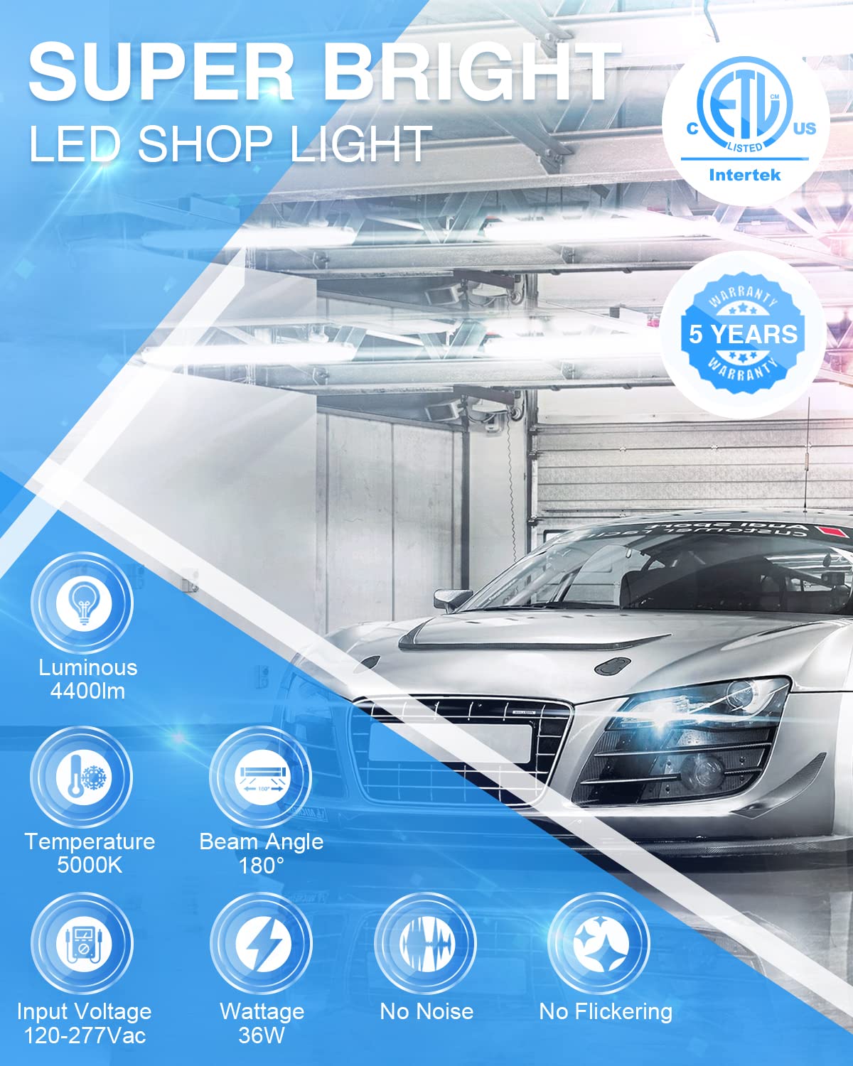 Ensenior 4ft Linkable LED Shop Light, 4400 Lumens, 36W Equivalent, 5000K Daylight, Black, Model LSL-BL-4PACK