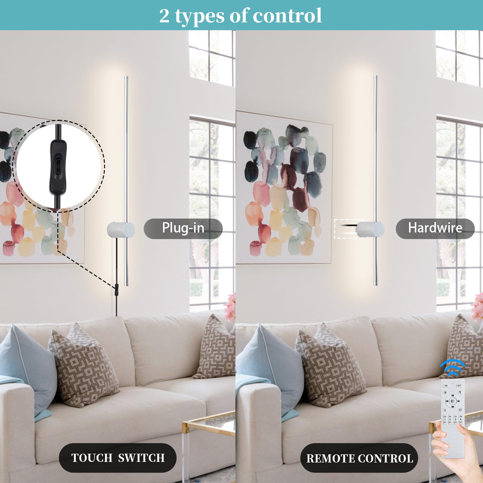 Keluoly Modern Chrome Plug In Wall Sconce With Remote, Dimmable 31.5" Led Wall Sconces Set Of Two With Memory Function, Adjustable Color Temperature Brightness, Timer, 350° Rotate, Hardwire Or Plug-In