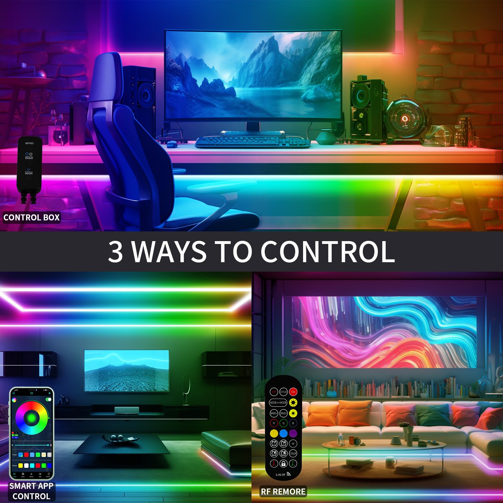 BUNACET COB RGB+IC LED Strip Lights, 40ft, Bright Color Changing, RF Remote, Music Sync, Model BNT-DE-LED-Lights, 2 Rolls