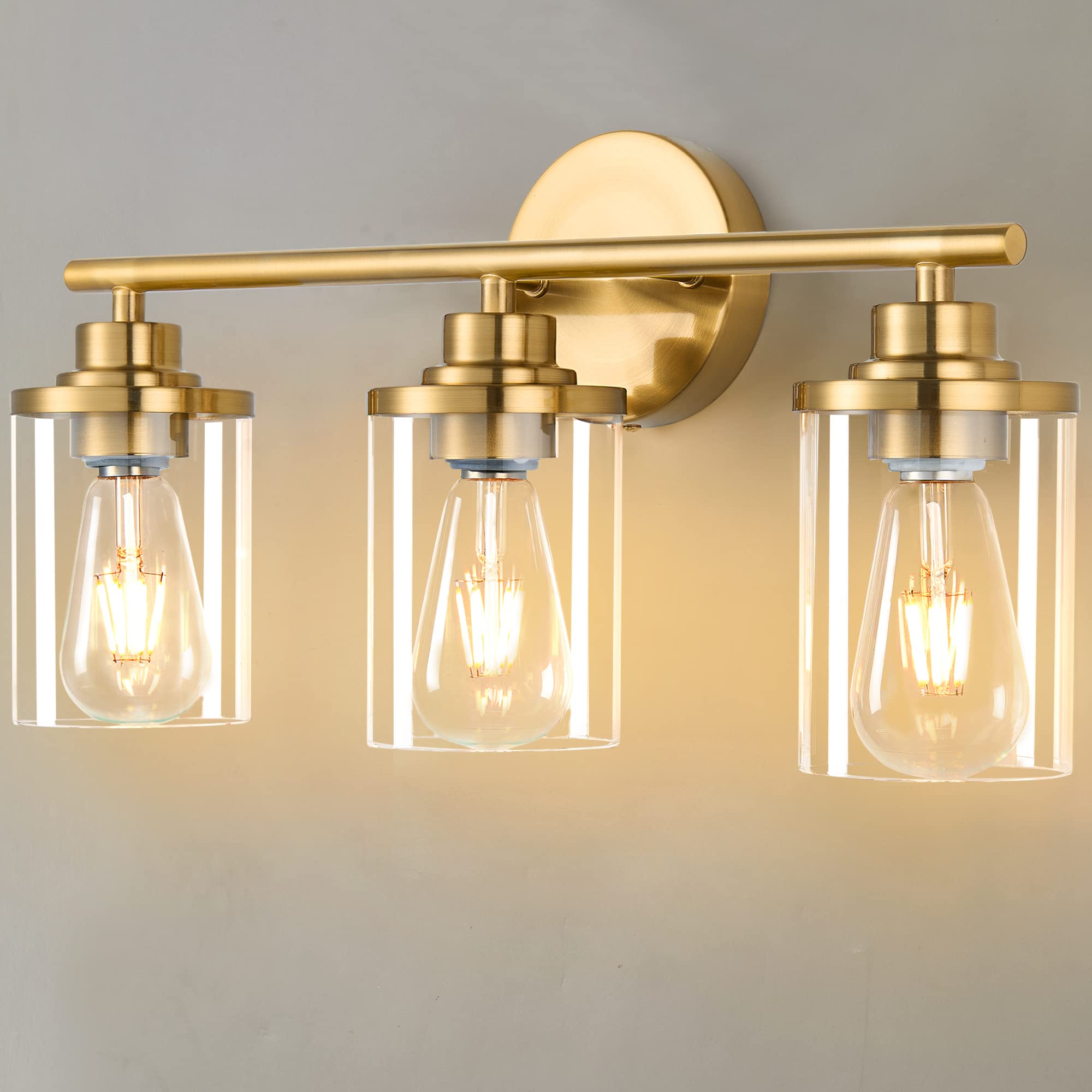 Porphyions 3-Light Bathroom Vanity Light Fixture, Brushed Gold Metal, Modern Design, 20in  Over Mirror Sconce