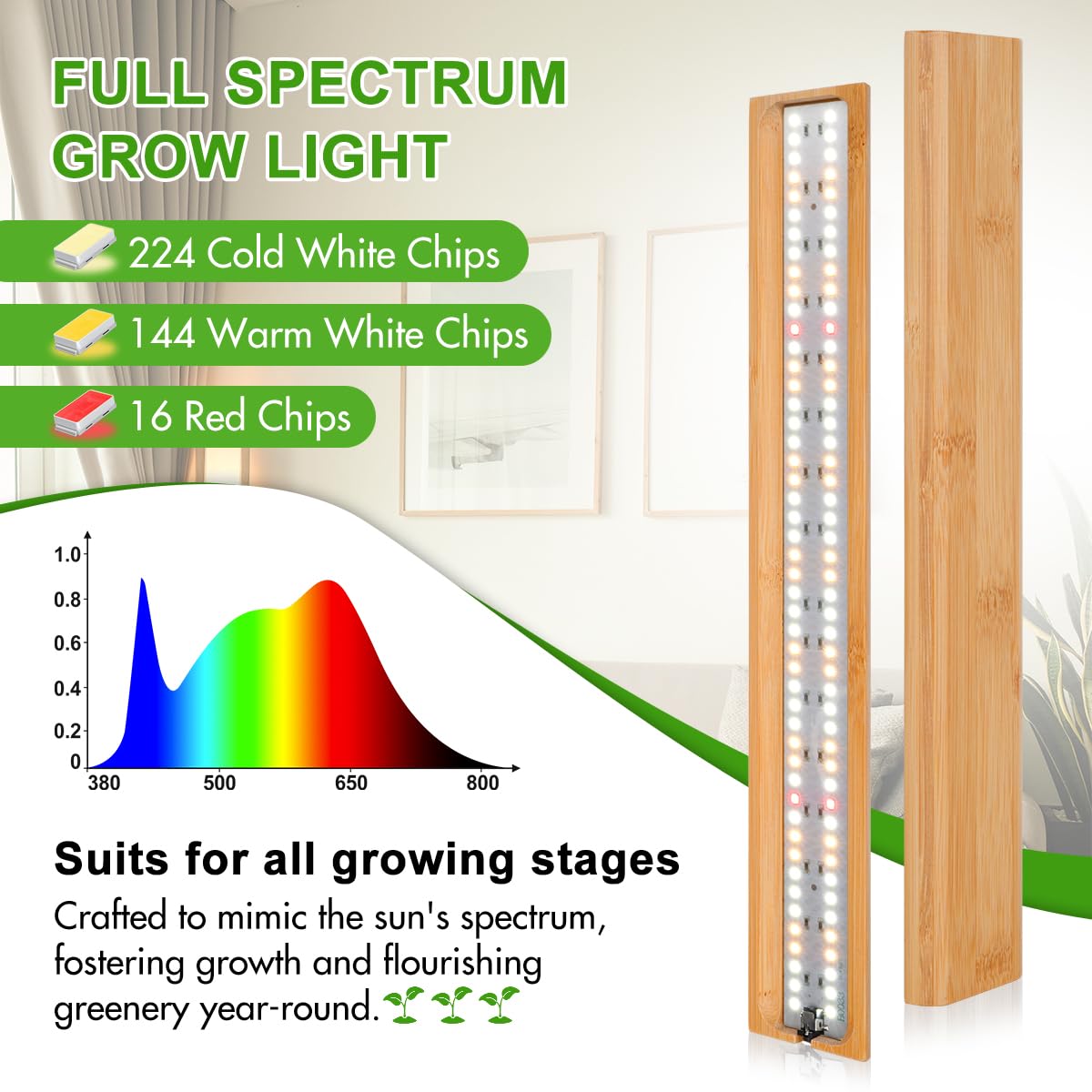 Foxgarden® Grow Light, Bamboo Full Spectrum Plant Light Strip For Indoor Plants, 384 Led Bright Grow Lamp With Auto On/Off Timer 4/8/12H, 3 Switch Modes, 10 Dimmable Levels, 4 Strips With 1 Controller