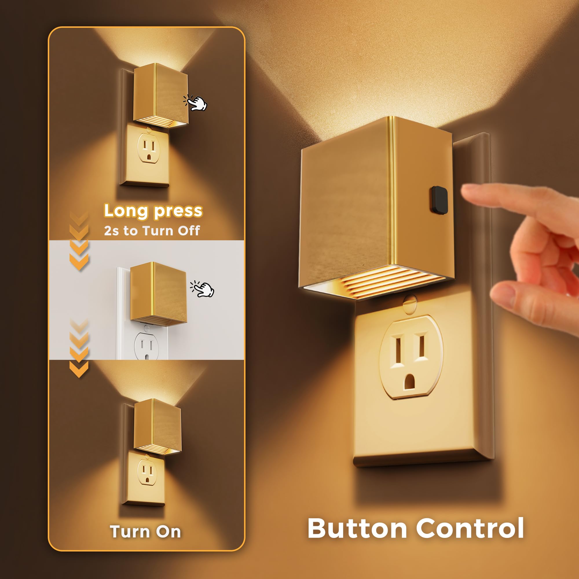 L Lohas Led Night Light,Night Lights Plug Into Wall,[2-Pack] Dimmable Night Light With Light Sensor,3000K Warm White,Gold Nightl