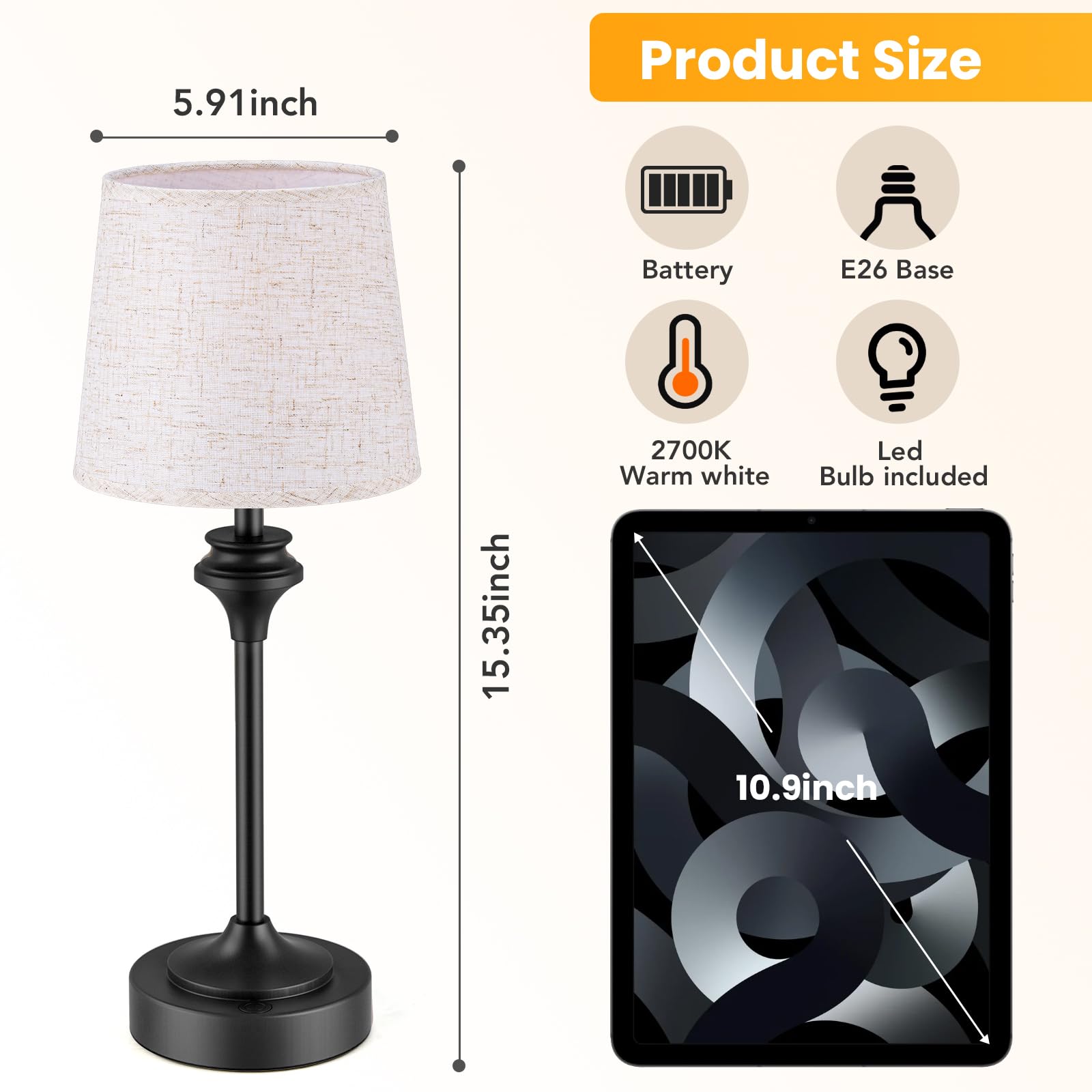 NIORSUN Portables Cordless Table Lamp Set of 2,Flaxen Fabric Shade Battery Operated Lamp, Bedside Table Lamp with Warm White,3 W