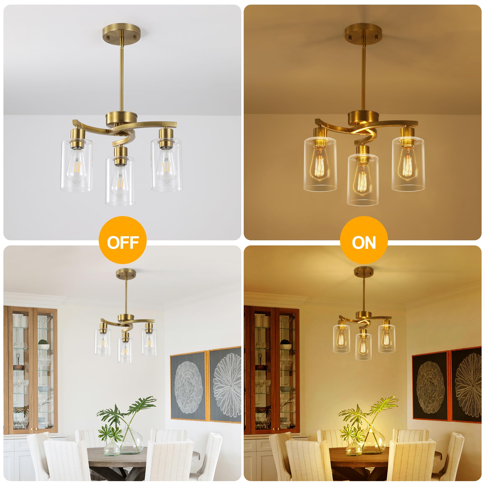 Cnratye 3-Light Gold Dining Room Chandeliers Over Table  Contemporary Kitchen Island Pendant Lighting  Industrial Hanging Light Fixture For Entryway Hallway Foyer Bedroom  Clear Glass Shade