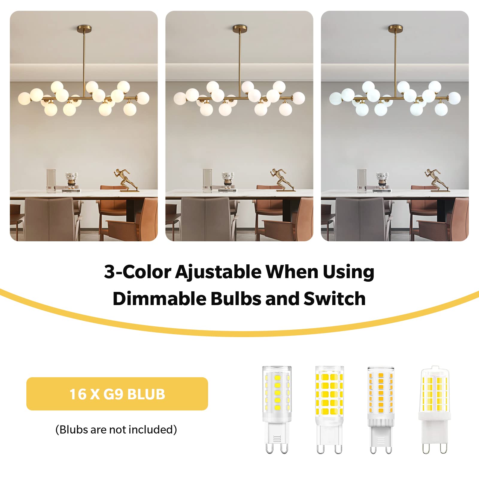 APBEAMLighting Gold Mid Century Modern Chandelier, 16 Lights, White Glass Globe, Linear Pendant Fixture for Dining Room