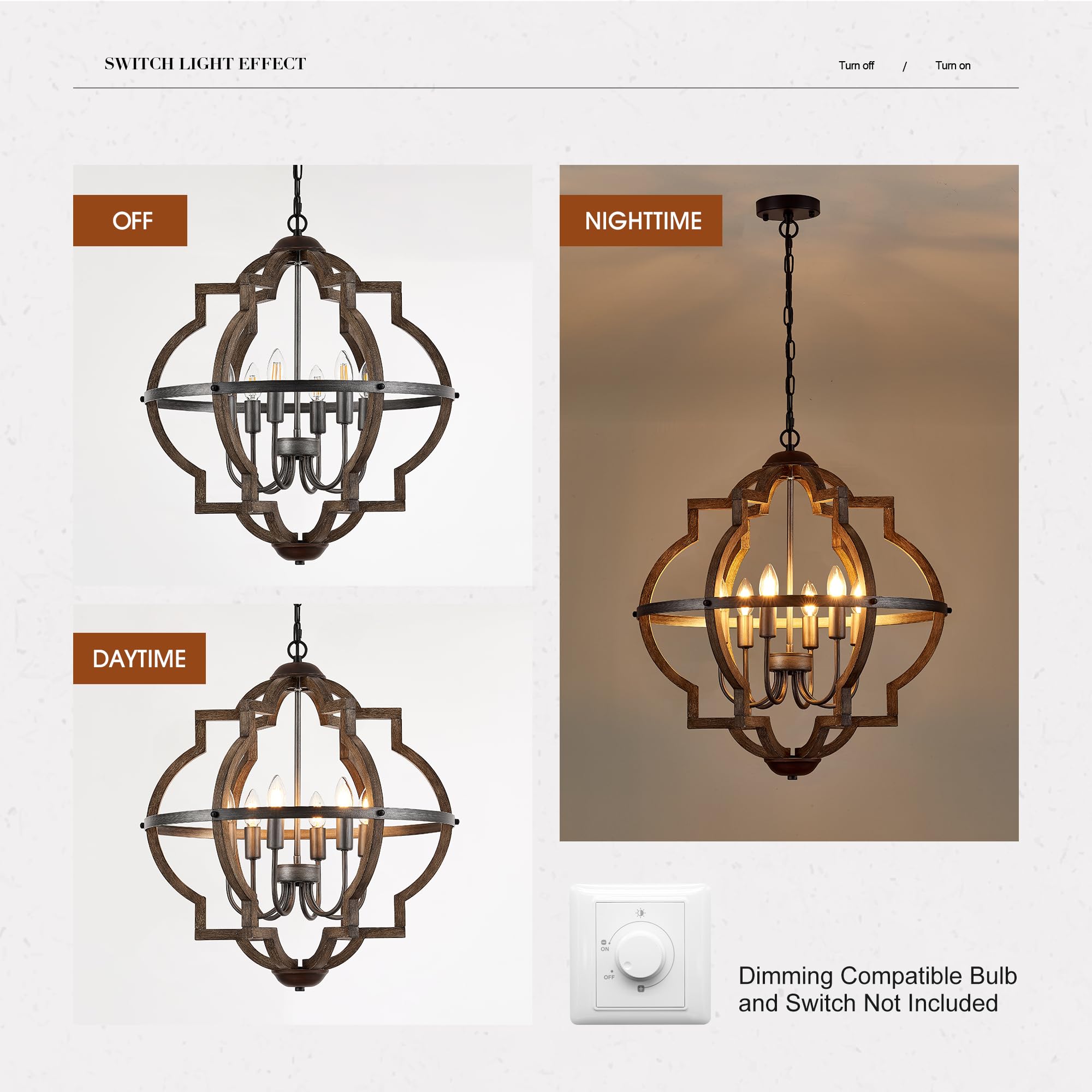TACDANDM 6-Light Wood Farmhouse Chandelier, 23'' Vintage Rustic Pendant Light, Walnut Finish for Dining Room, Foyer, Kitchen