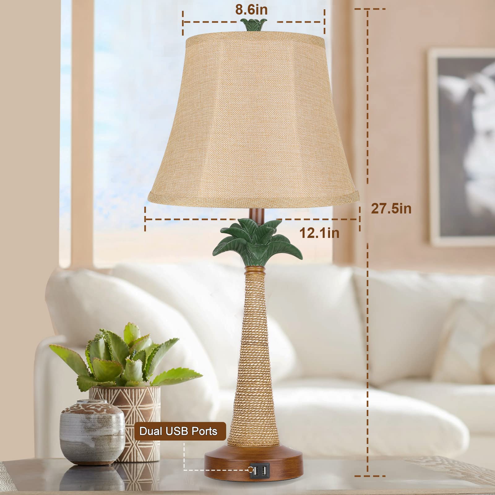 Hamucd Set of 2 Coastal Palm Tree Table Lamps with USB Ports - Beige, Nautical Design for Living Room & Bedroom Decor