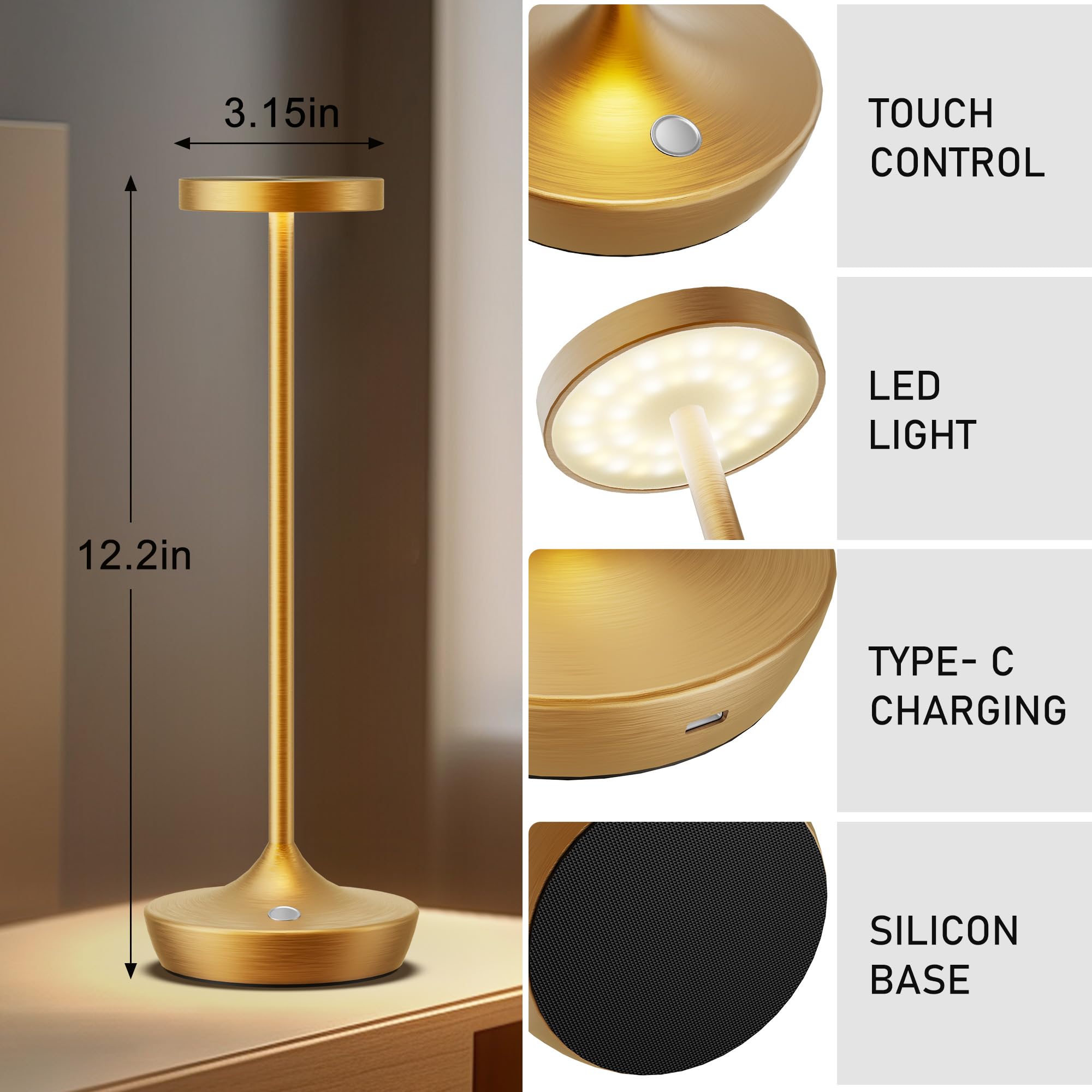 YHT Cordless Table Lamp, Rechargeable LED Desk Lamp, Waterproof 3-Color Touch, Gold 2P, Model X86