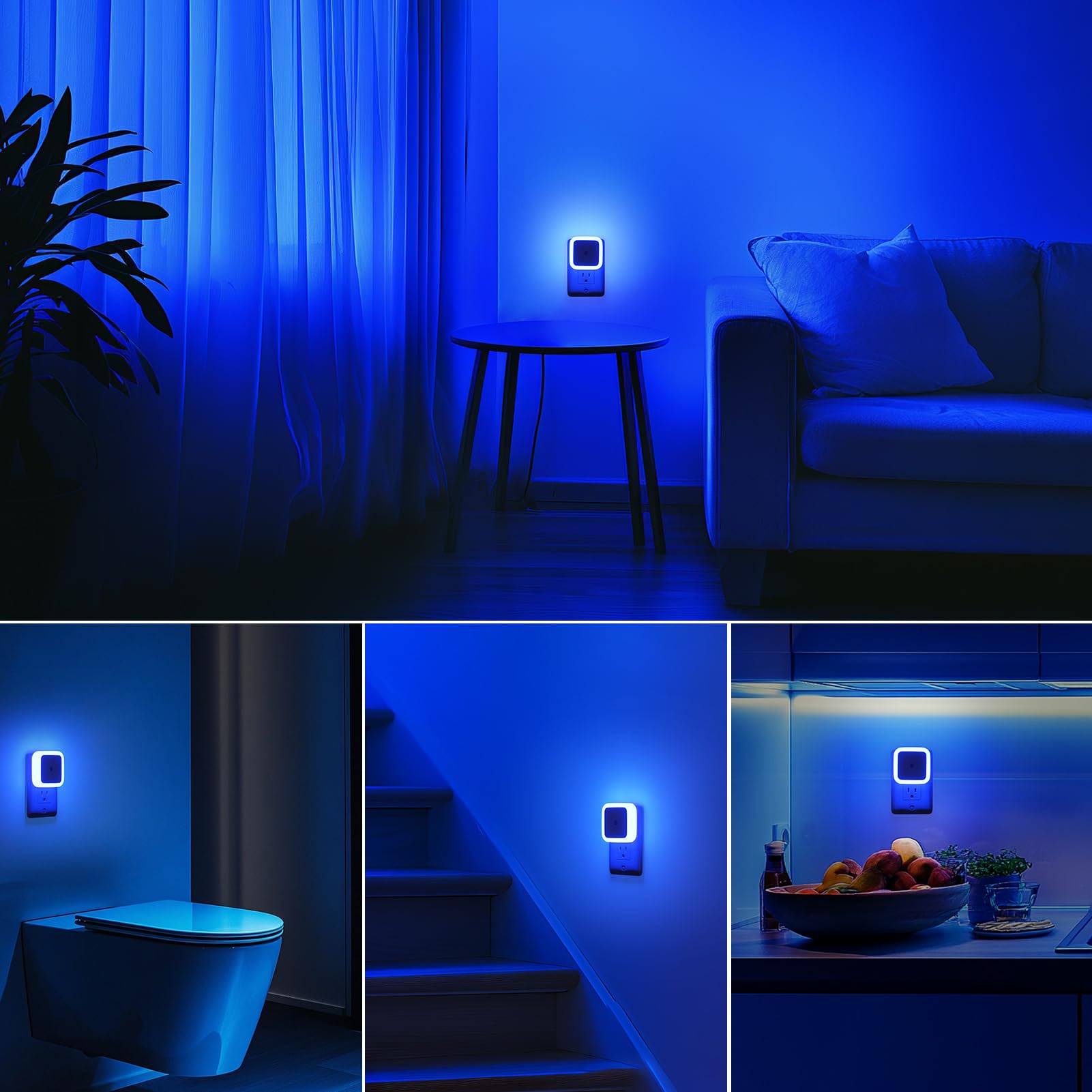 Sujeet Blue Night Light 4 Pack - Plug-in Dusk to Dawn LED Night Lamps for Bedroom, Bathroom, Hallway