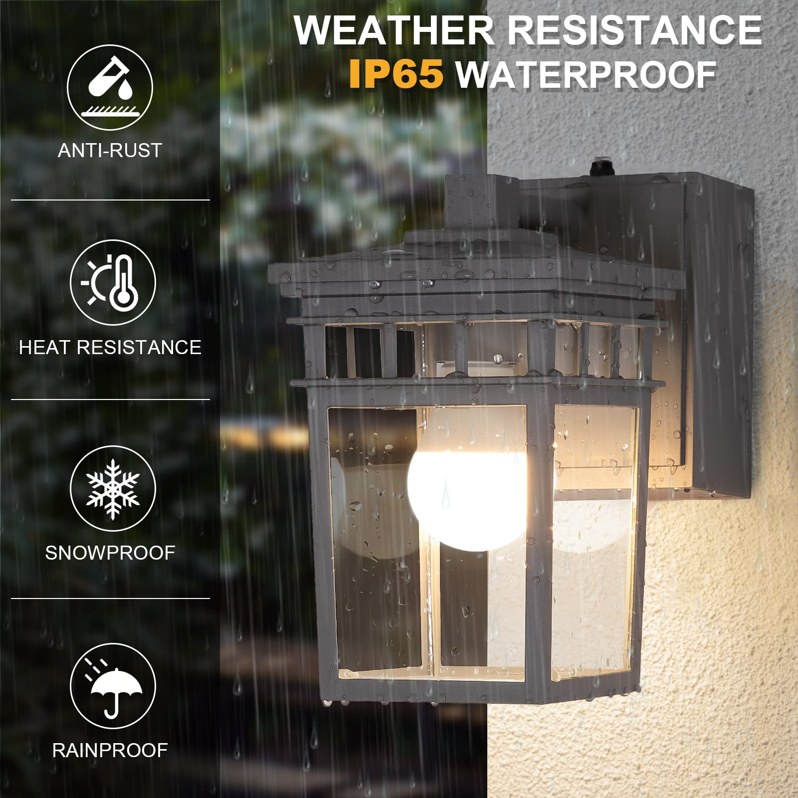FANDBO Outdoor Porch Light with GFCI Outlet, Dusk to Dawn, Clear Glass Shade, Waterproof Wall Sconce, Gray, Model HS405