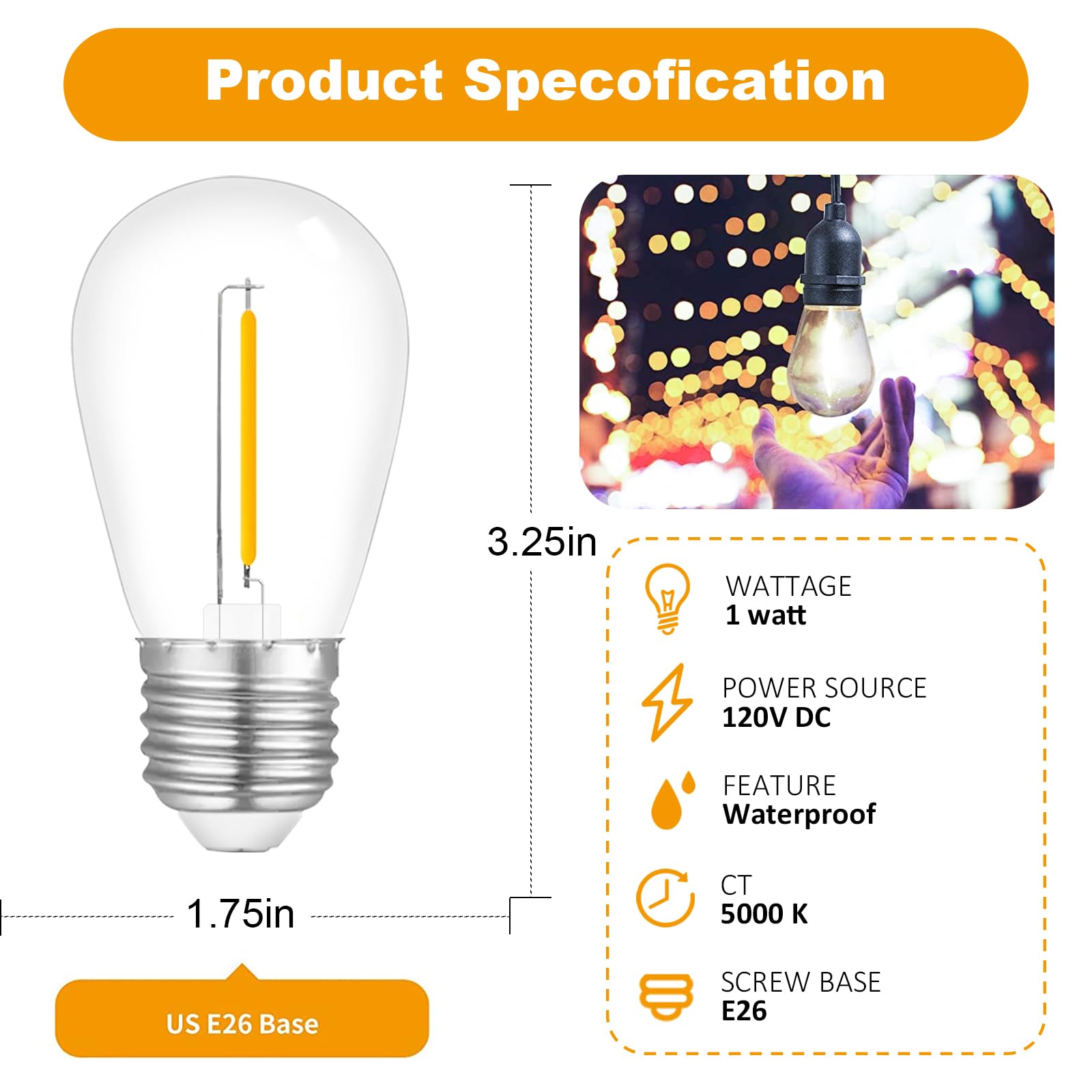Visther LED Outdoor String Light Bulbs, Waterproof S14 E26 Base, 1W 120V, Daylight, 24-Pack