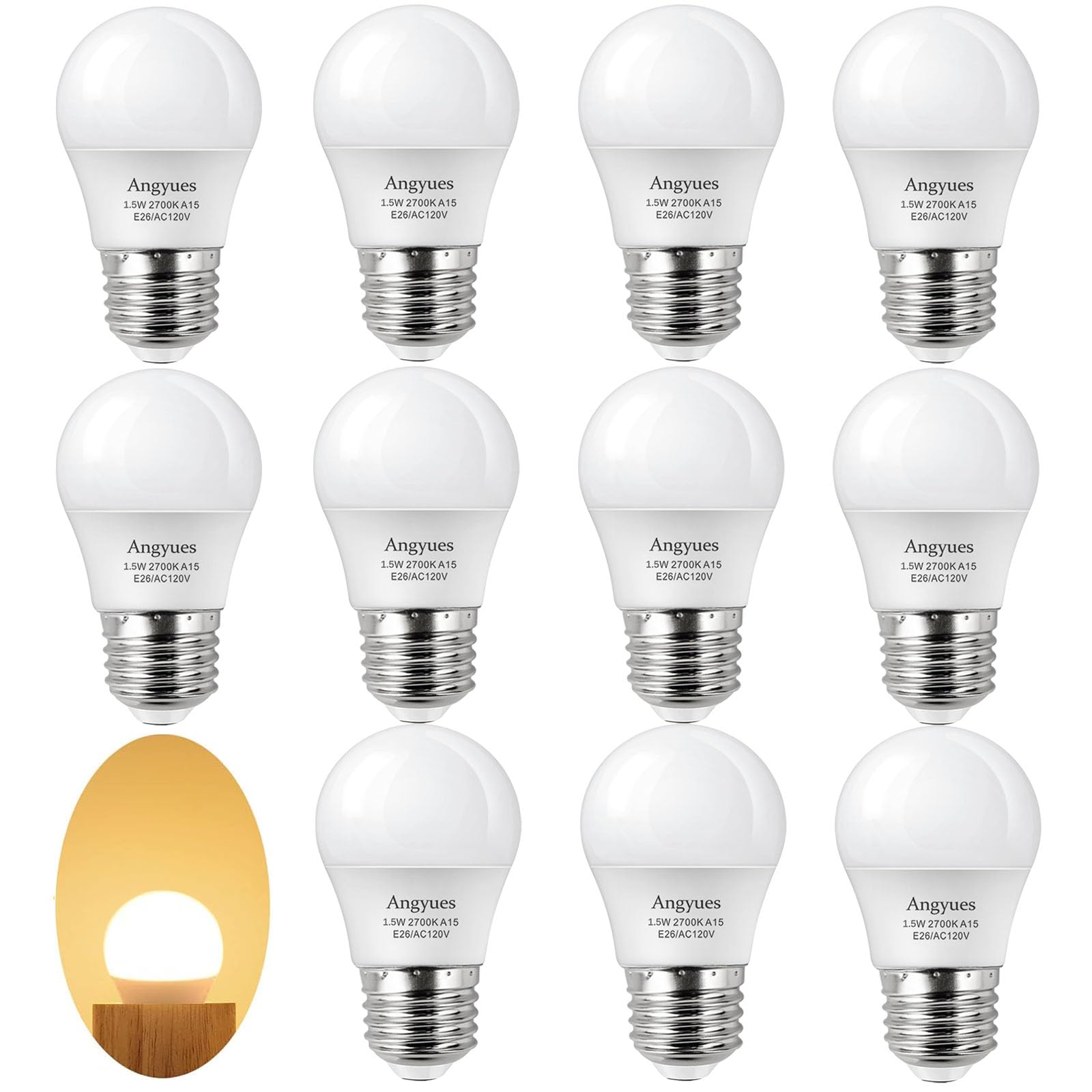 Angyues 15W Light Bulb Equivalent, A15 15 Watt Light Bulbs 2700K Soft White 120V E26 1.5W Led Bulb,Low Watt Light Bulbs Table La