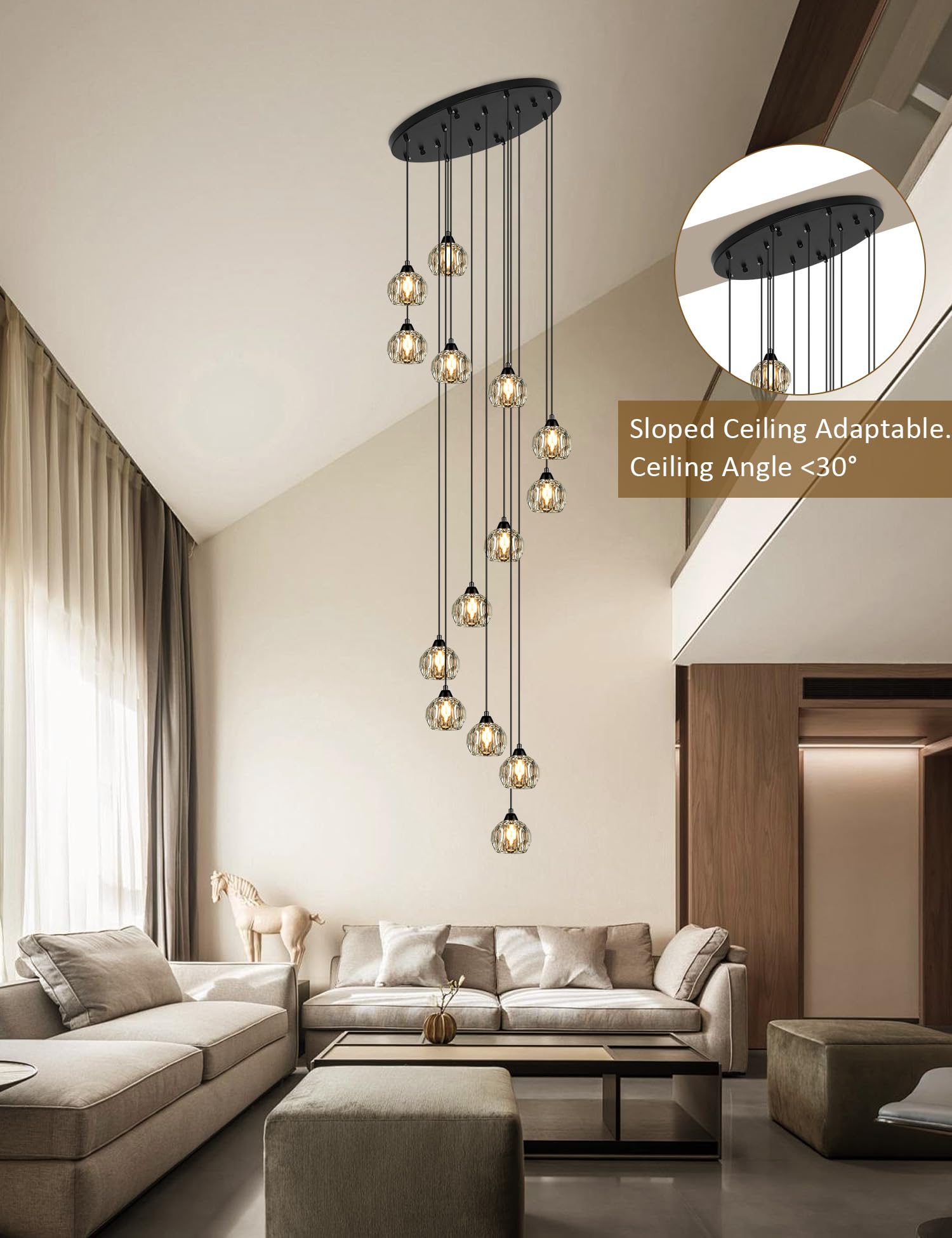 Weesalife 14-Light Crystal Chandelier, Black Modern Pendant Light Fixture for High Ceilings, Model 8817-12C BR