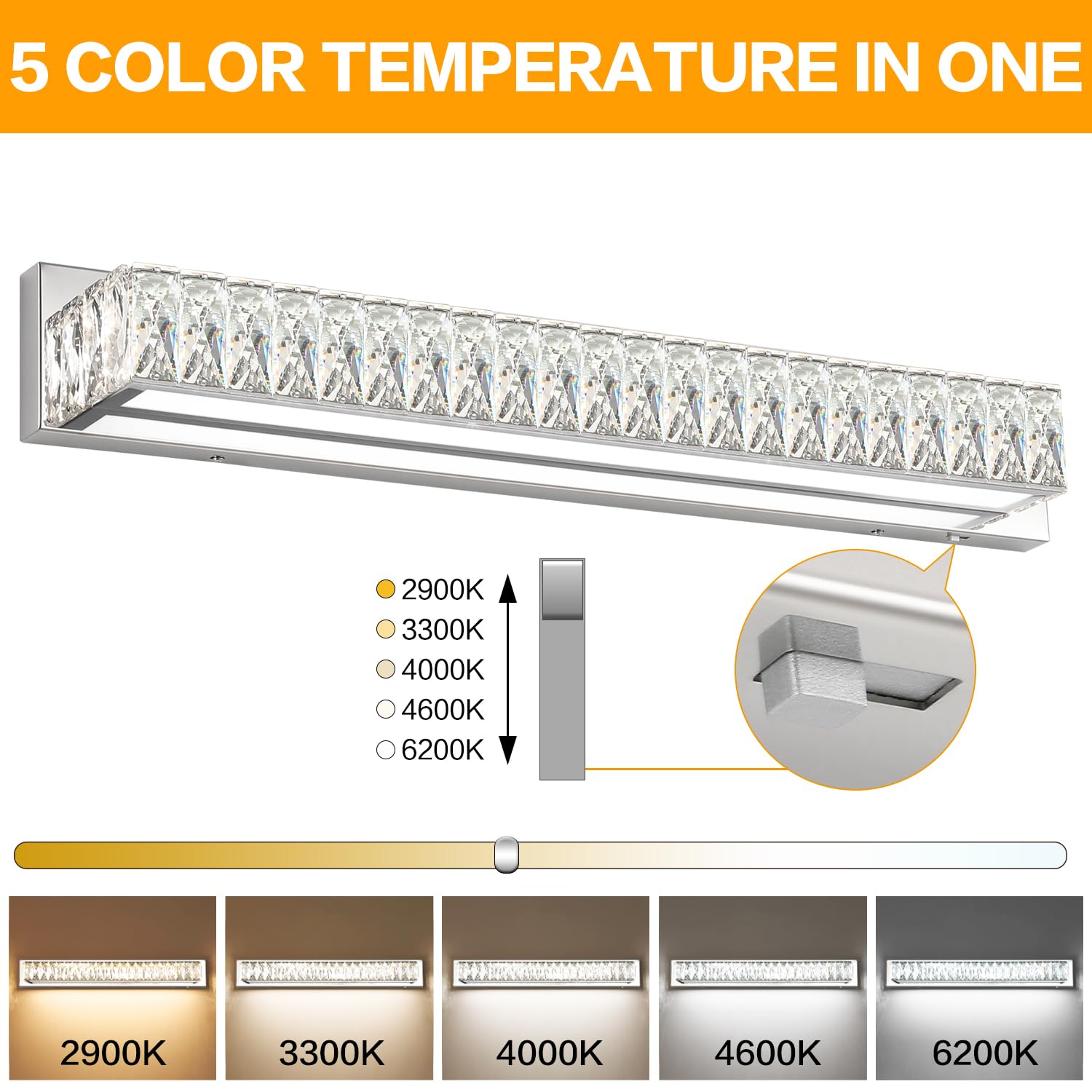 ZUZITO 30in LED Bathroom Lights - Modern Crystal Vanity Wall Lighting, Dimmable, Chrome Finish, Model 7500-760mm-6200k-5CCT