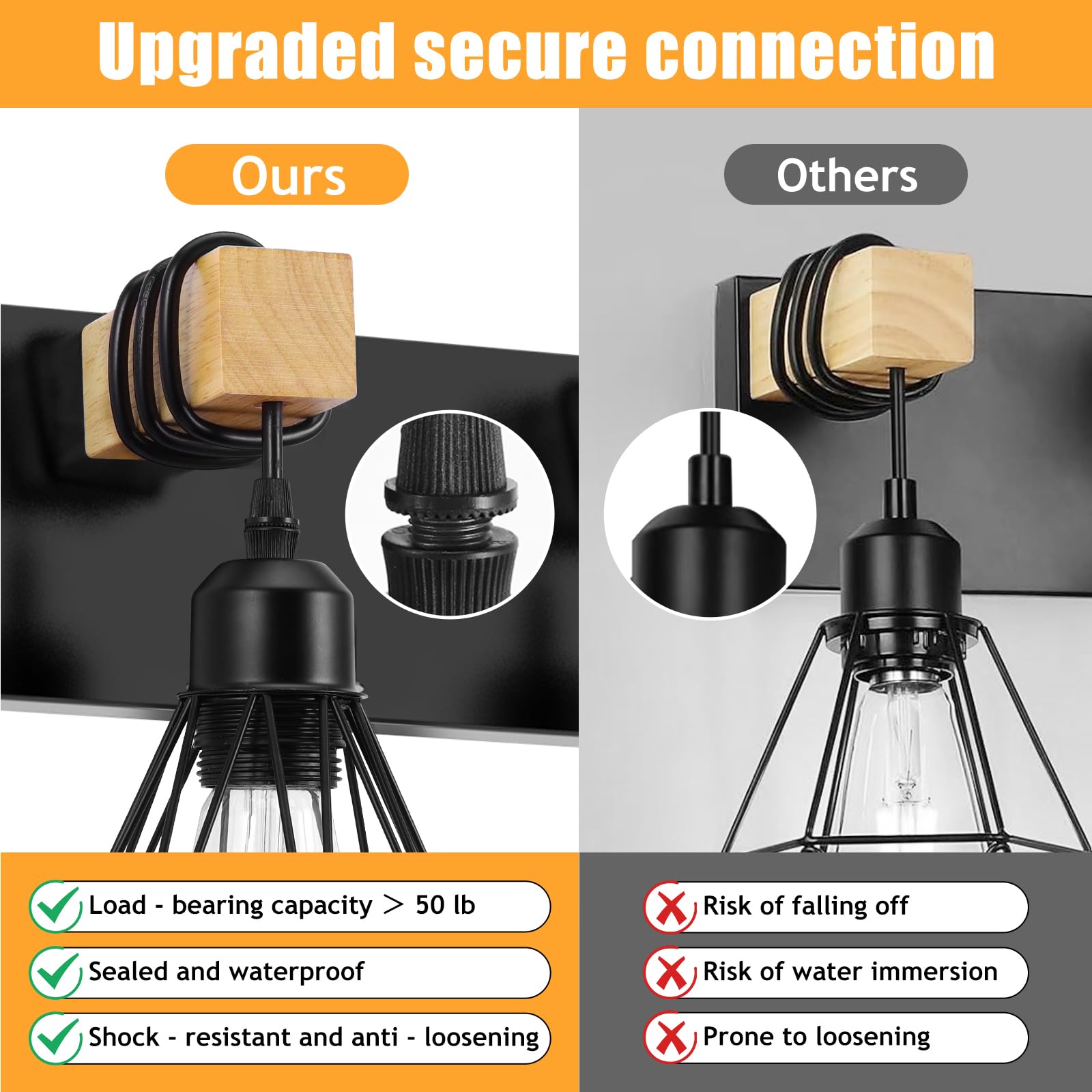 Farmhouse Bathroom Vanity Light Fixtures, 4-Light Wood Bathroom Light Fixtures Over Mirror, Black Rustic Sconces Wall Lighting W