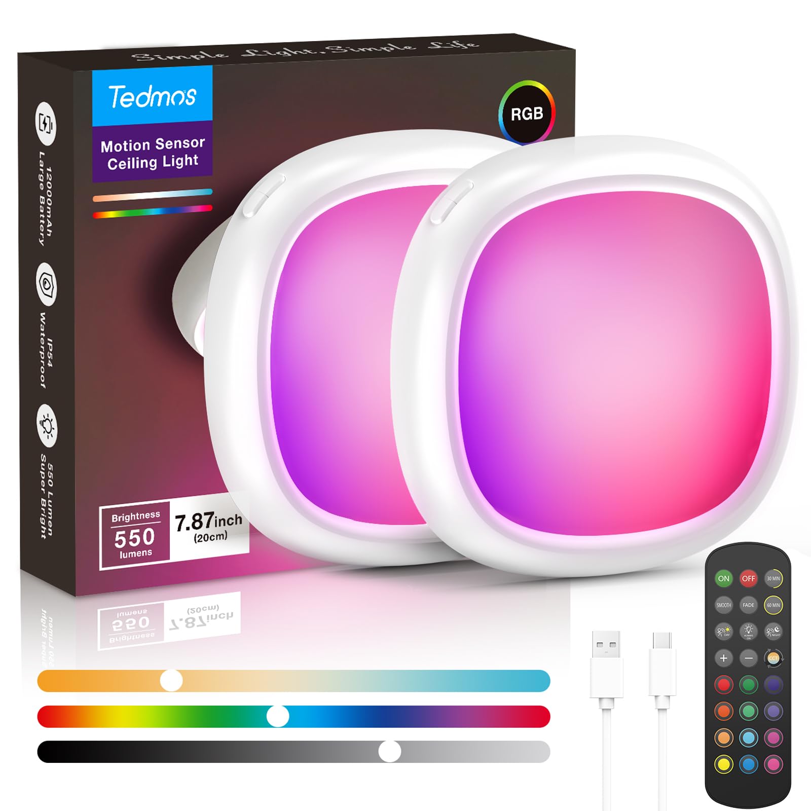 2 Pack Rechargeable Shower Light For Inside Shower  12000Mah Motion Sensor Wireless Ceiling Light With Remote No Wiring  Battery Operated Closet Lights Cordless Led Overhead Lighting For Bathroom