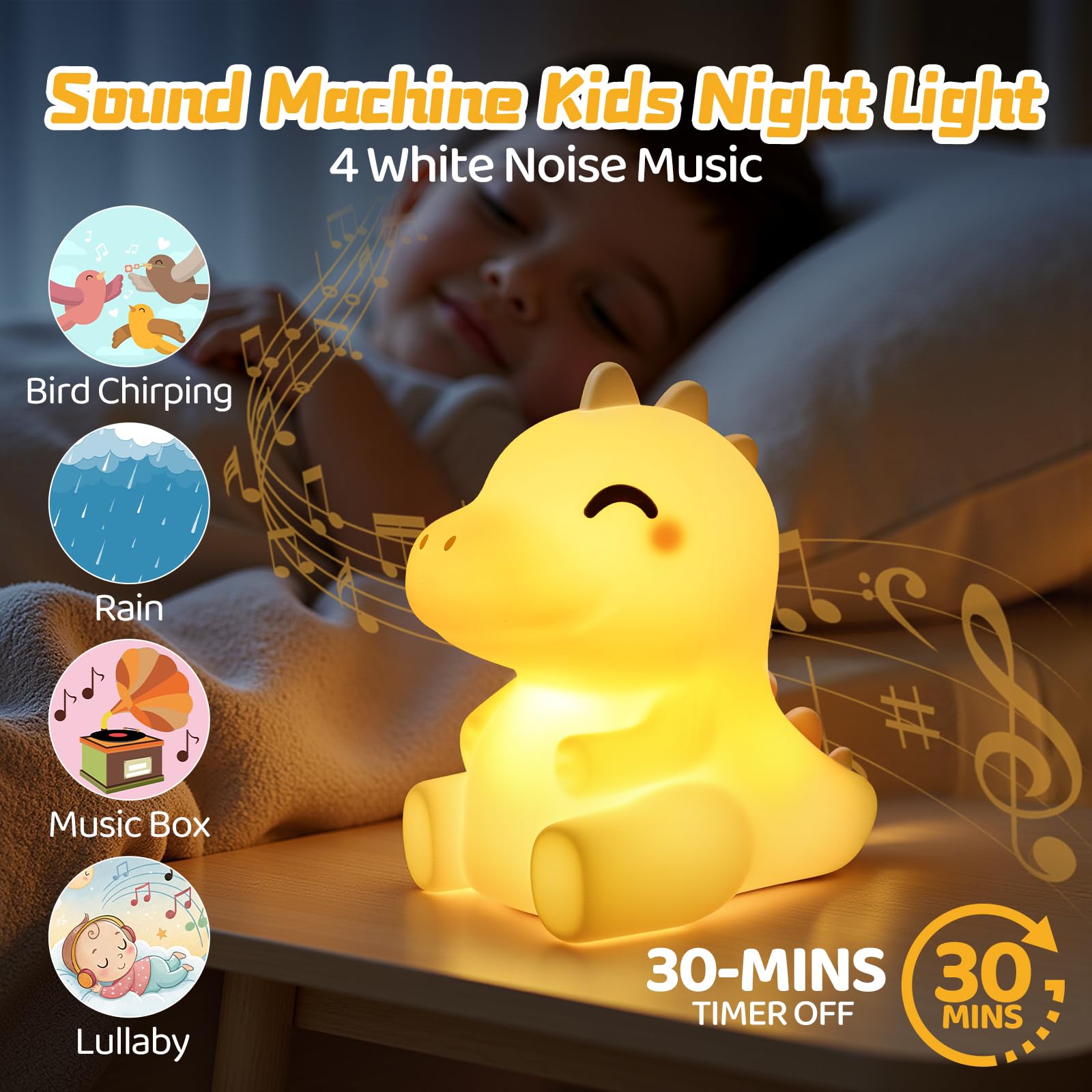 Mewaii Huggwaii Squishy Dinosaur Night Light for Kids - Dimmable Silicone Dinosaur Lamp with 4 White Noise, Long Battery Life Re