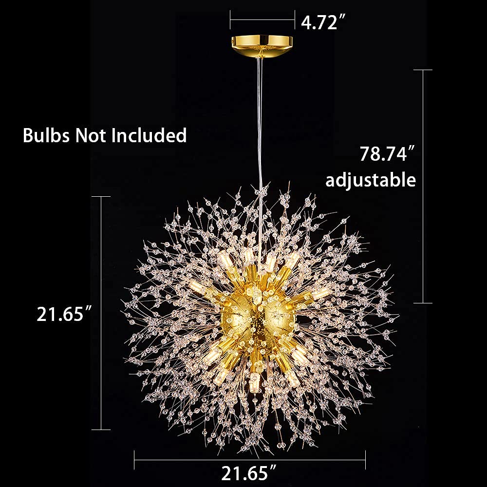 Yiisem Modern Gold Crystal Chandeliers, 16-Light Dandelion Firework Pendant Lighting, Hanging Chandelier Light Fixtures For Dining Room Bedroom Living Room Kitchen Island