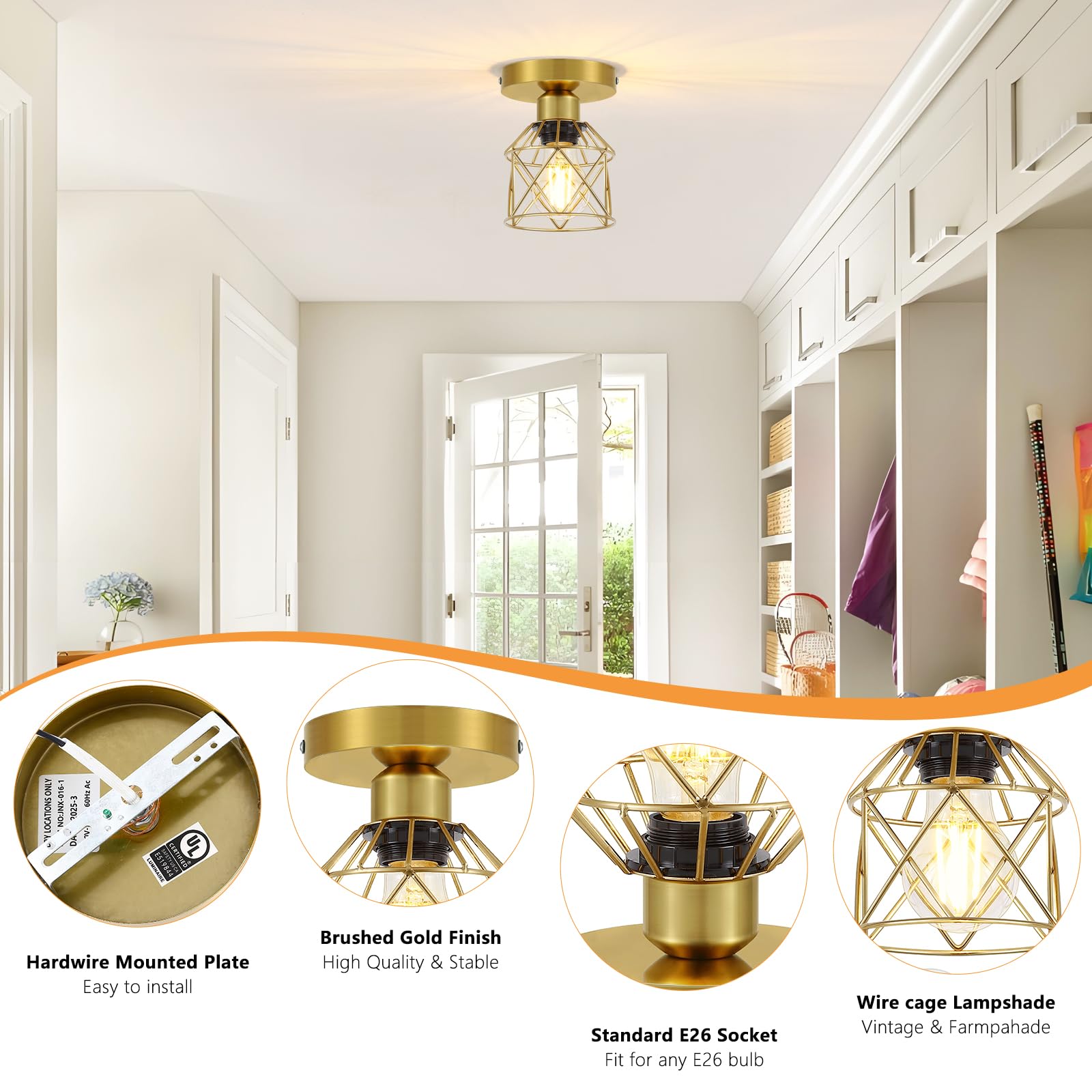 Fadimikoo 2-Pack Gold Hallway Light Fixtures Ceiling  Small Semi Flush Mount Ceiling Light With Gold Metal Cage  Indoor Close To Lighting Lamp For Bedroom Closet Entryway (Led Bulbs Included)