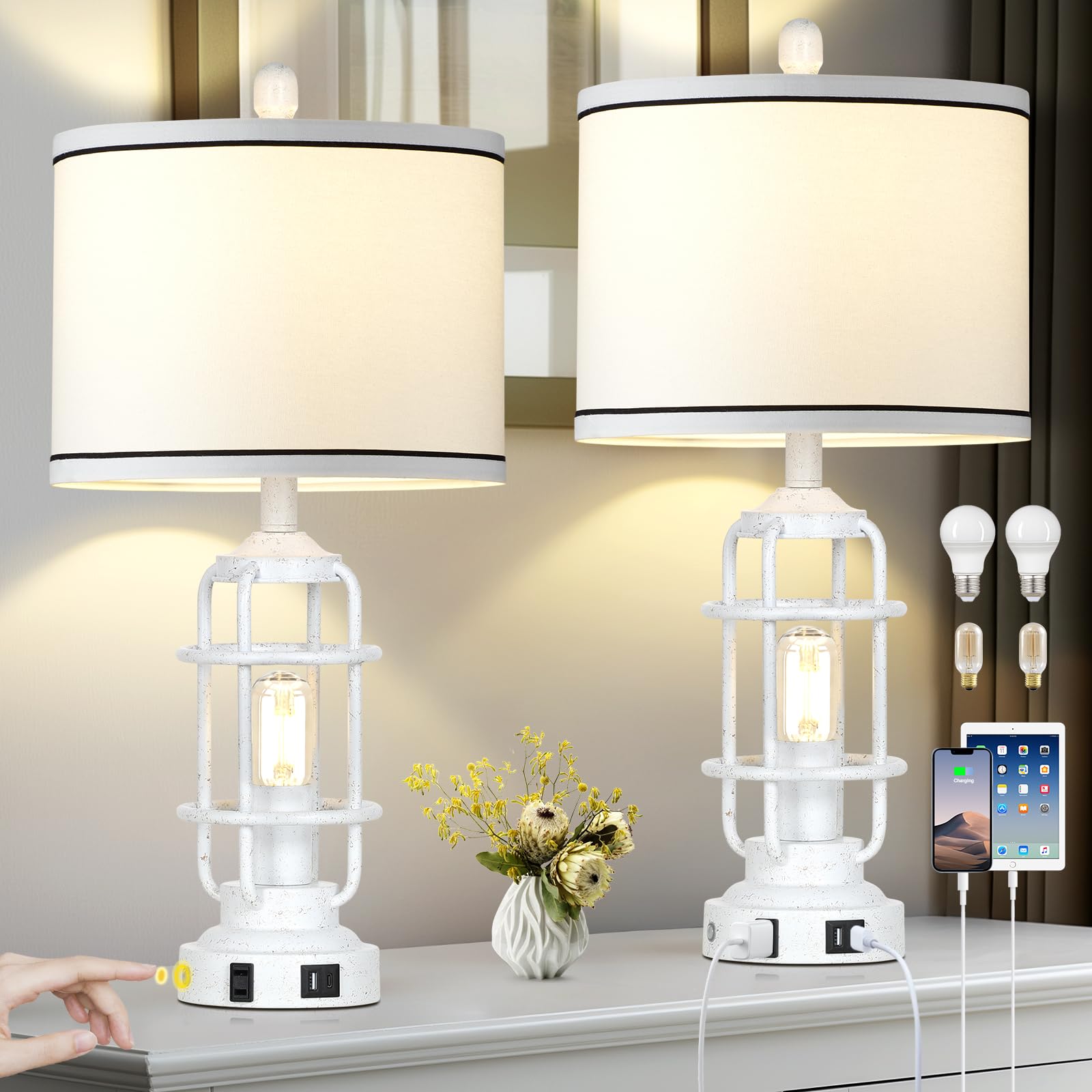Farmhouse Lamps Set Of 2, White Vintage Rustic Industrial Lamps With Usb A+C Charging Ports & Ac Outlet, 3 Way Dimmable Touch Co