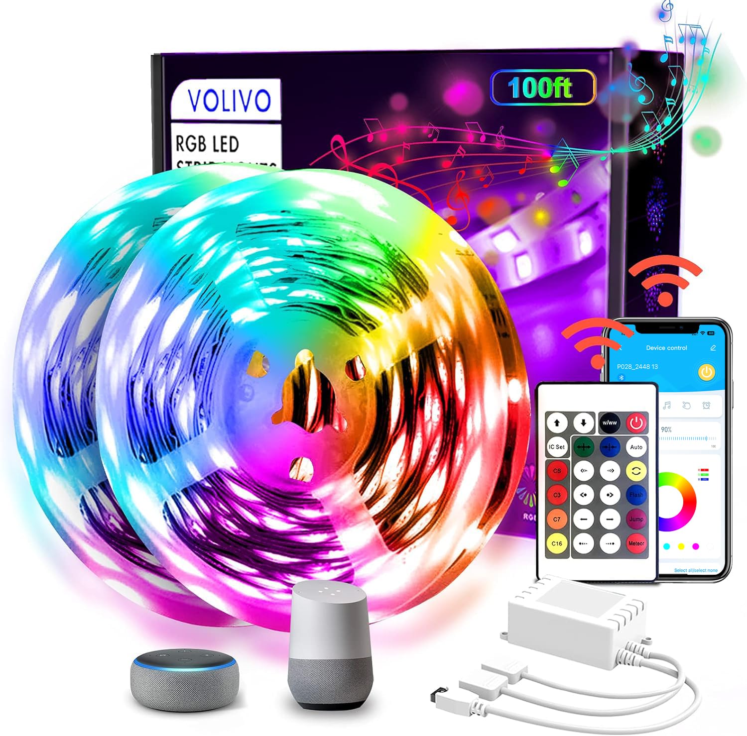 VOLIVO LED Strip Lights WiFi 100 FT, Compatible with Alexa and Google Assistant, 2 Rolls of 50ft RGB Led Light Strip, Music Sync